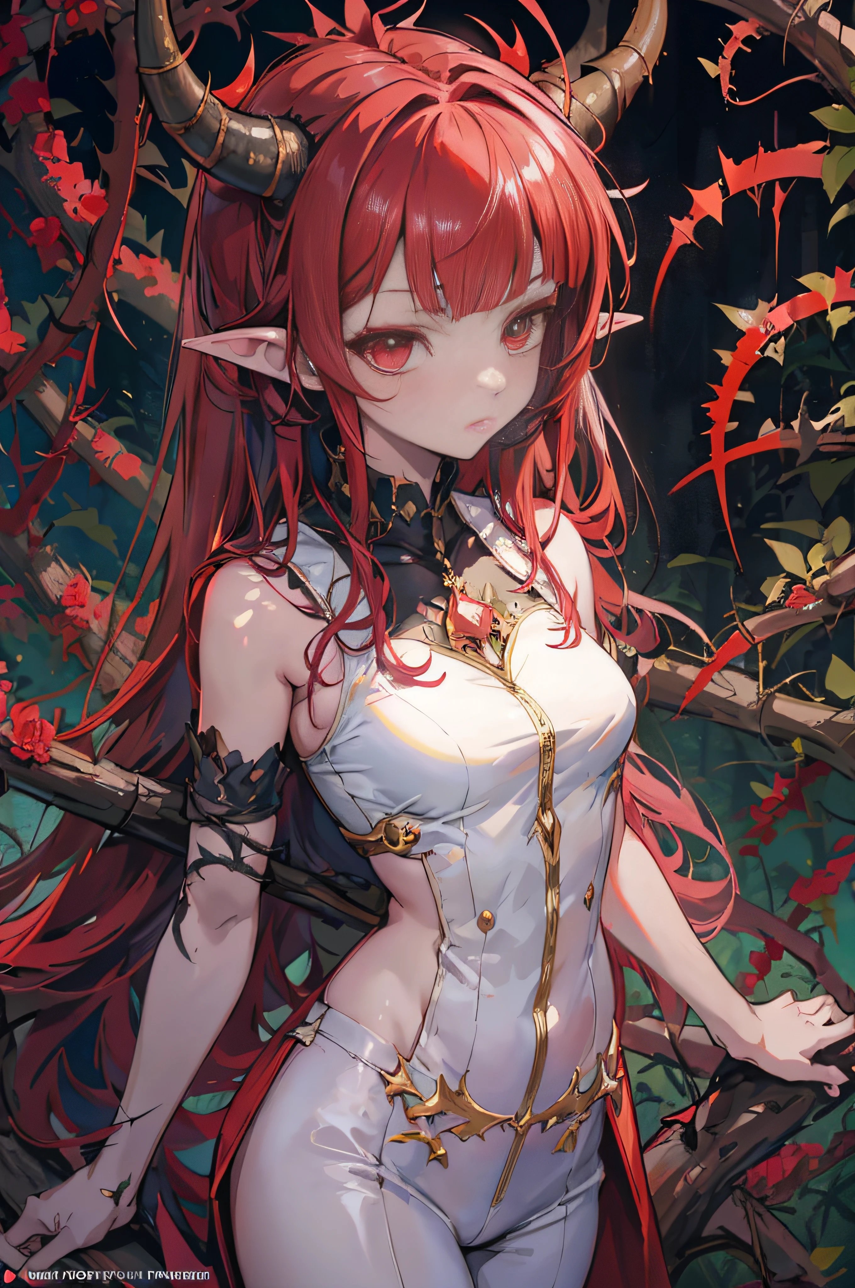(Detailed light), (An extremely delicate and beautiful), volume light, Best shadow, Flash, Depth of field, Dynamic Angle, [NSFW:0.8], Oily skin (A lot of [Red_chain|Thorns:0.3] Loli is round:1.3), (A lot of thorns bind Lori:1.3), (Cover up), (Cowboy shot), (thorn_Wrap_chest:1.16) (Solo:1.2), ((ibuki suika(touhou project):0.5)+(Mage(Dungeons and warriors):0.5)),Pointy ears,Red hair,Blunt bangs,Low Twin Tails, (Two long horns:1.2), (surprise, Sweat, pain), (Half-naked:0.6), (There was a lot of blood and thorns on the body:1.2) (Heart_tattoo on chest, lot of flowers_Tattoos and vines_Tattoos on the arms and body), (Obscene streaks) Dark jungle background, the rainforest, spines, (bushes, holland angle), Tears, (A lot of thorns bind Lori:1.3), Flowering vines
