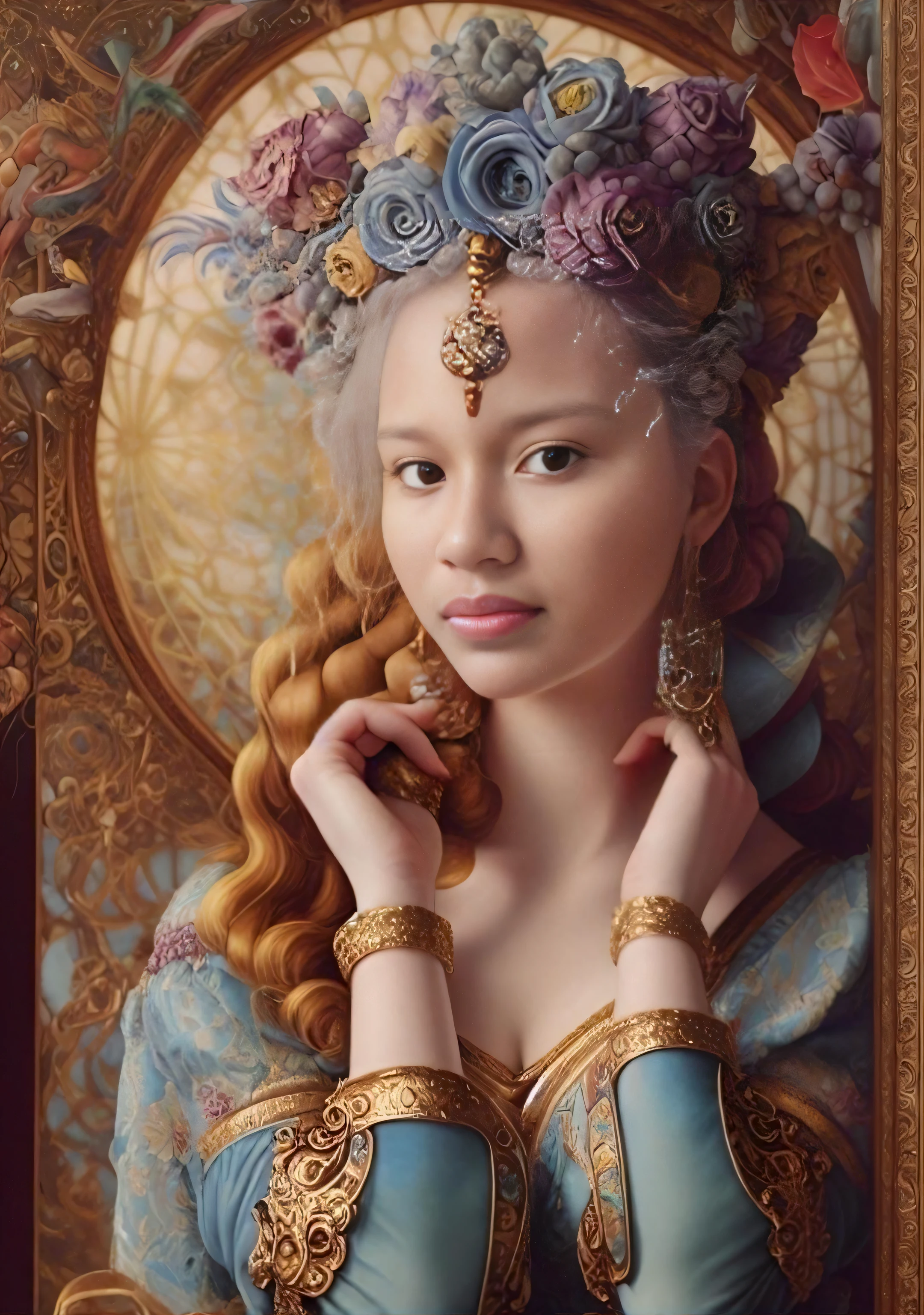 a close up of a woman with a flower crown on her head, retrato bonito da fantasia, retrato bonito da arte da fantasia, linda donzela fantasia, ((uma bela imperatriz fantasia)), uma bela imperatriz fantasia, retrato da fantasia, retrato da arte da fantasia, Inspirado por James Christensen, Retrato de uma bela deusa, rococo style portrait, retrato da princesa, rococo queen, imagem retrato bonita