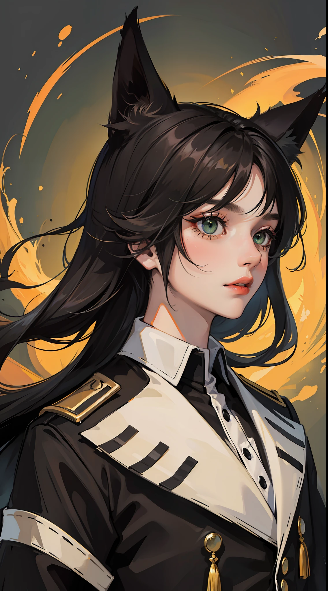 adult man, Long black hair, Fox ears, Green eyes, Black general's uniform, Masterpiece, hiquality