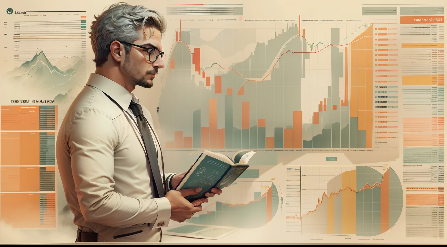 Uma pintura detalhada de uma pessoa em um terno, surrounded by a flurry of graphics, with the book Financial Freedom Formula at the center,Financero,financial graphics on display, information contained in the charts,price movements,graficos abaxo da inferior da imagem