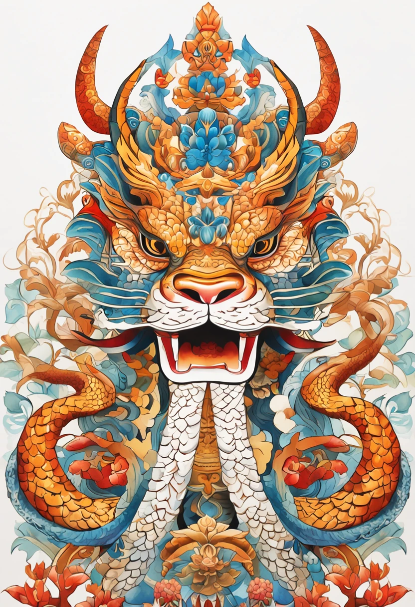 (White background:1.4),(Symmetrical:1.5),(Masterpiece giant python head, In the middle, Oriental elements),(China - chic illustration:1.2, Vector painting:1.2),(Chinese colors,senior color matching),( reasonable design, Clear lines, High sharpness,Best quality, Very detailed, Masterpiece, offcial art, movie light effect, 4K )