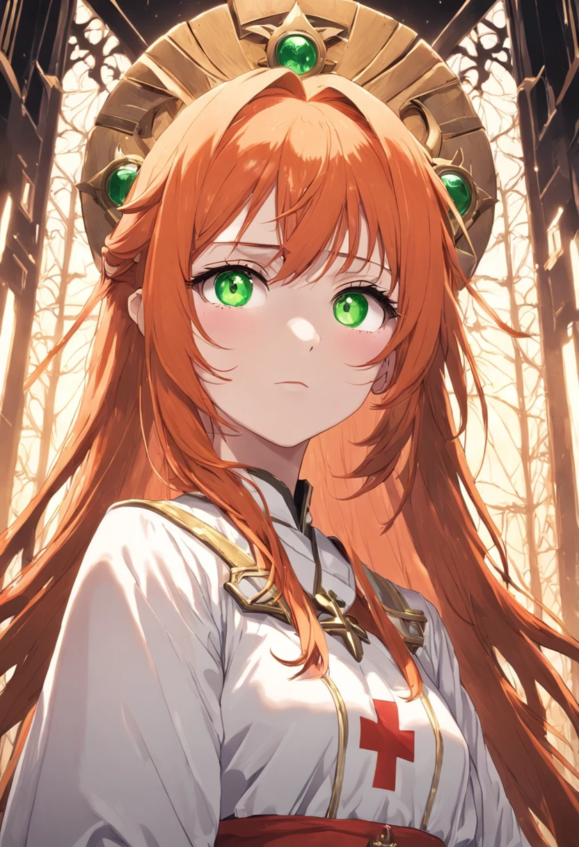 1female, Orange hair, Green eyes, throne room background, Red Cross and white robe, Best quality, Detailed face, Detailed eyes