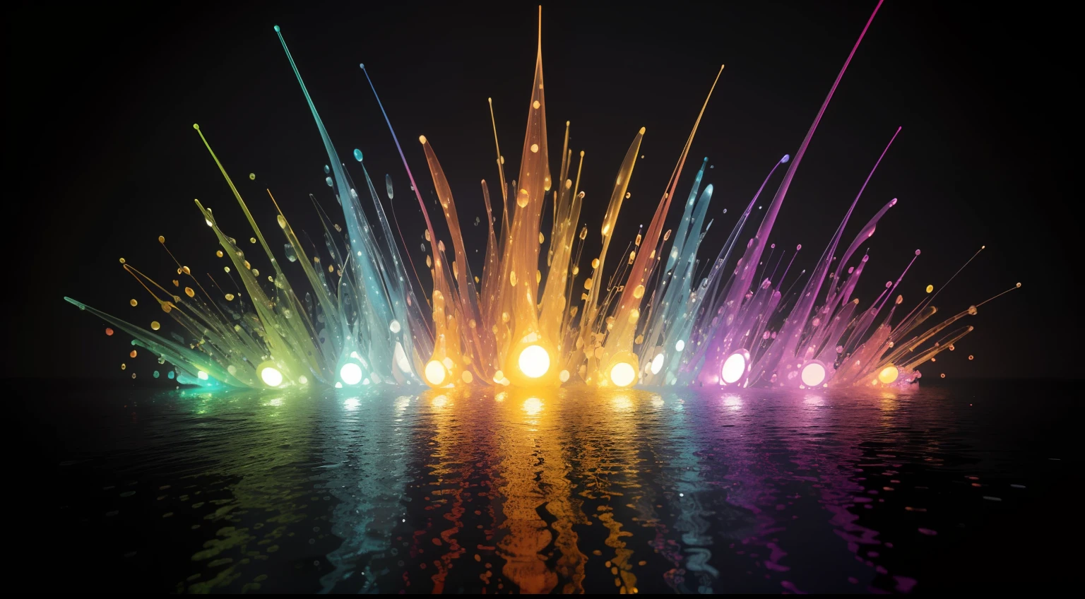 ((Alberto Severo art, torbelino de gotas multicolores desplazandose de derecha a izquierda cae sobre una superficie brillante que las refleja, salpicaduras gotas congeladas multicolores  solo gotas y salpicaduras multicolores y ondas expansivas multicolores en circulos concentricos en la superficie,  brillos tornasolados )), (fotografia digital ,cinematic lighting gran acercamiento , ), obra hiper realista, efectos 3D, Ultra HD, obra de arte magistral ,16k Arte digital 4K altamente detallado, Pintura digital intrincada, Arte digital detallado 4K,Esta cautivadora pantalla, skillfully crafted with the animation capabilities of Cinema 4D, Bring liquid droplets to life in a symphony of textures and colors. The final composition, Enriched with gamma correction and tone mapping techniques, reflects the unique artistic styles of Alberto Severo