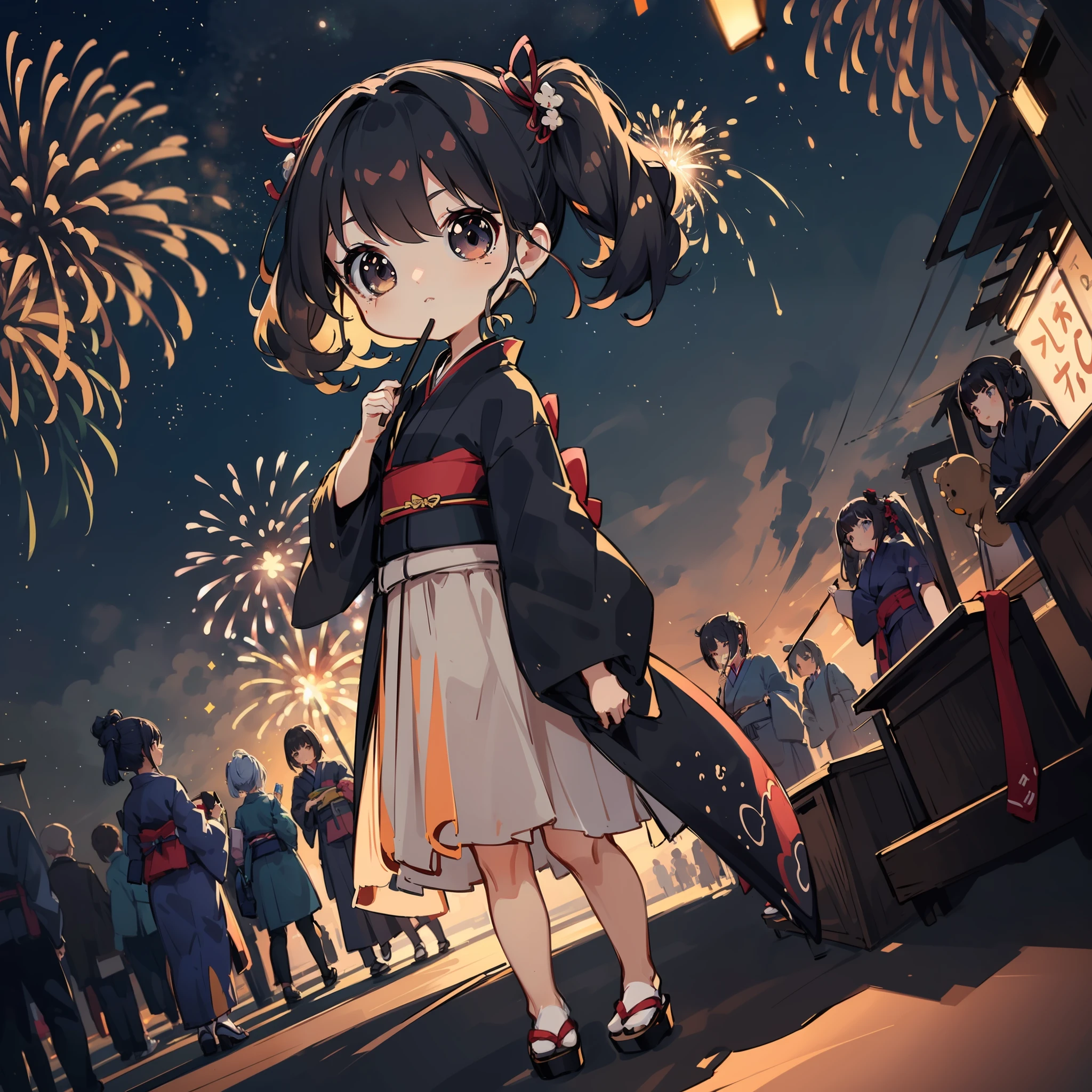 Chibi:1.8,Kimono,Girl in Yukata,Blowing in the wind,Summer Festivals,natta,food stand,Spirit Stream,Big  Fireworks:1.7,Fireworks in the night sky:1.8,poneyTail,dutch angle shot,ground-level shot,low angle,full body shot,long shot,(masutepiece: 1.3), (exquisite detailing: 1.2), Delicate and beautiful details, (Eye Detail), (Facial Detailed), (Highest Quality) :1.4), (Hyper-Resolution: 1.2), (very detailed illustration),Best Quality,depth of fields, Wide light, natural shadows