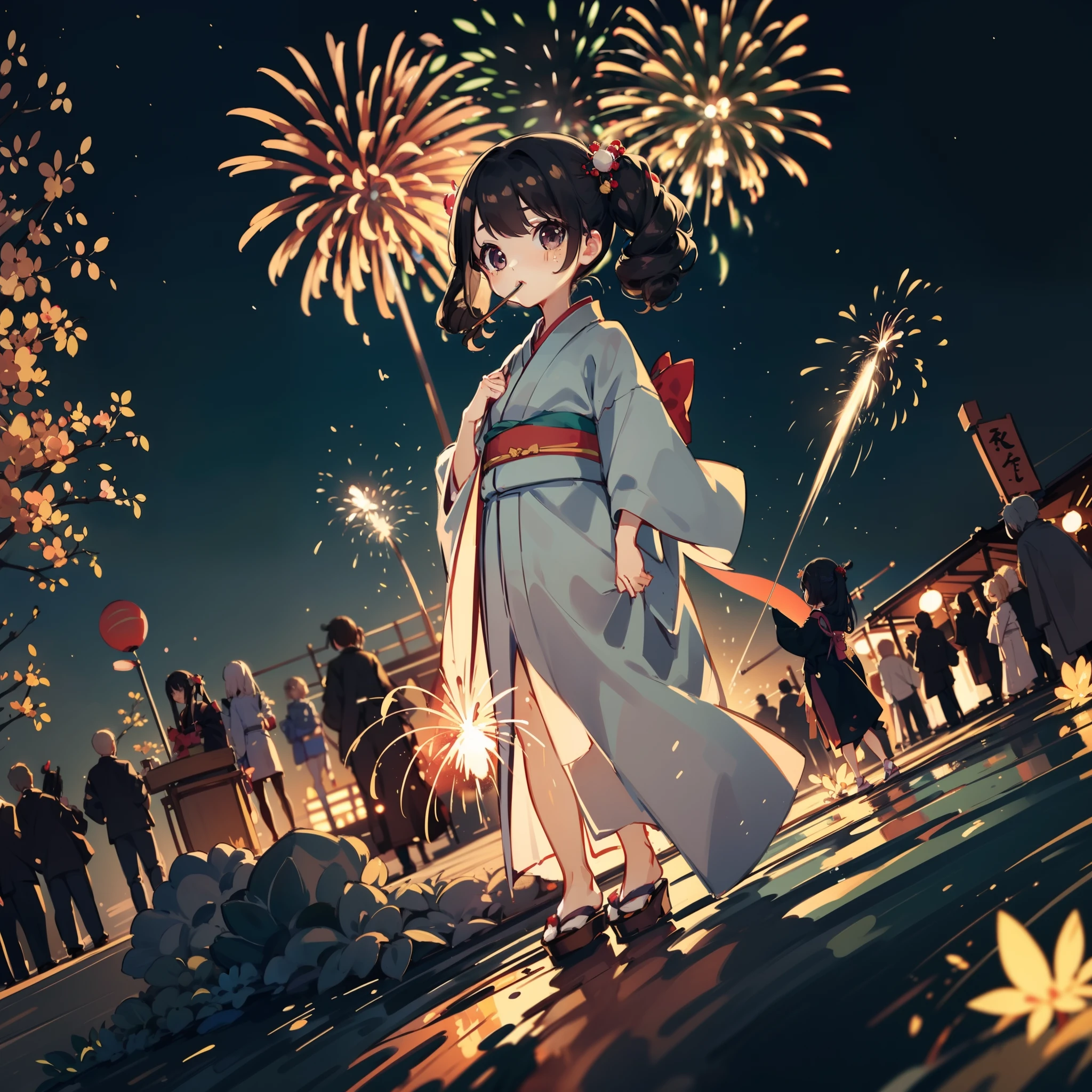 Chibi:1.8,Kimono,Girl in Yukata,Blowing in the wind,Summer Festivals,natta,food stand,Spirit Stream,Big  Fireworks:1.7,Fireworks in the night sky:1.8,poneyTail,dutch angle shot,ground-level shot,low angle,full body shot,long shot,(masutepiece: 1.3), (exquisite detailing: 1.2), Delicate and beautiful details, (Eye Detail), (Facial Detailed), (Highest Quality) :1.4), (Hyper-Resolution: 1.2), (very detailed illustration),Best Quality,depth of fields, Wide light, natural shadows