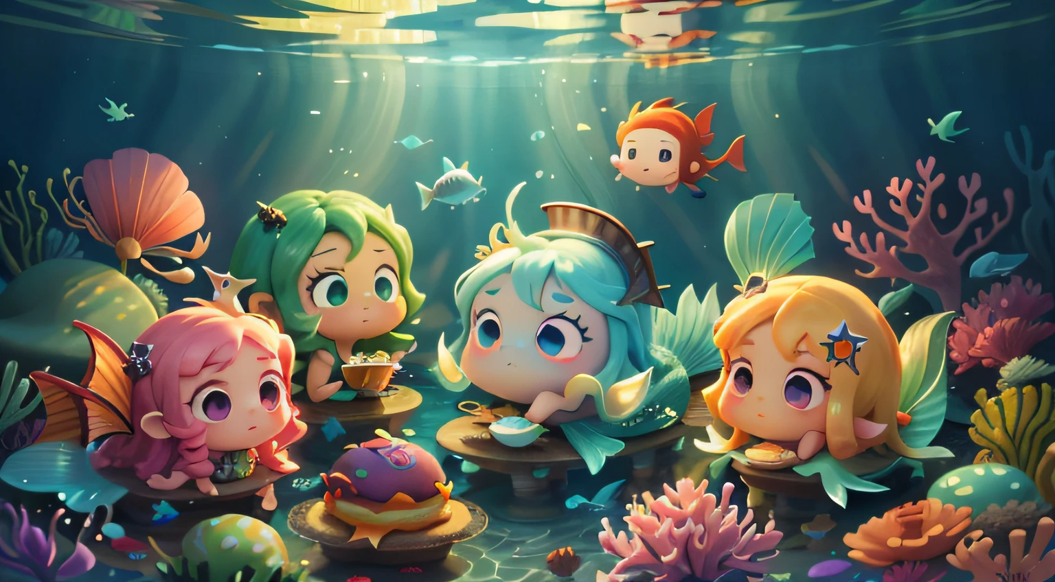 underwaterstyle（（best qualtiy））， （（tmasterpiece））， （A detailed）， pastelcolor， （A high resolution）， Movie rating， high qulity，mermaids，face perfect，beautiful shining eyes, like crystal clear glass,borgar， Flying fish， Circling， delicate wings， Dragon Spitfire， magia，