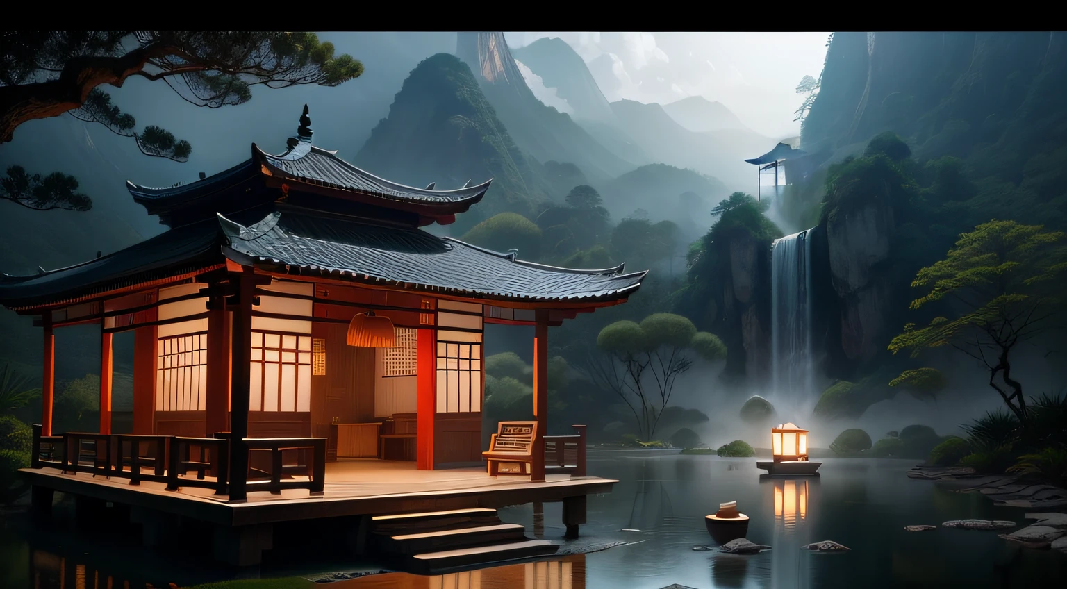 master part, melhor qualidade, Estilo de artes marciais chinesas, Asian night view with lanterns and water lilies, Night view of the Asian lagoon with many lanterns and boats with many lights and boats on the water, lago, lotuses, bela vista noturna, (((Estilo de artes marciais chinesas))), Vast sky, mountain cliffs, Estilo de tinta, Luz de contorno, atmospheric atmosphere, profundidade de campo, Rising fog, bambu, pine tree, octagonal stone pavilion, waterfall flowing water, lua cheia muito grande e vistosa,