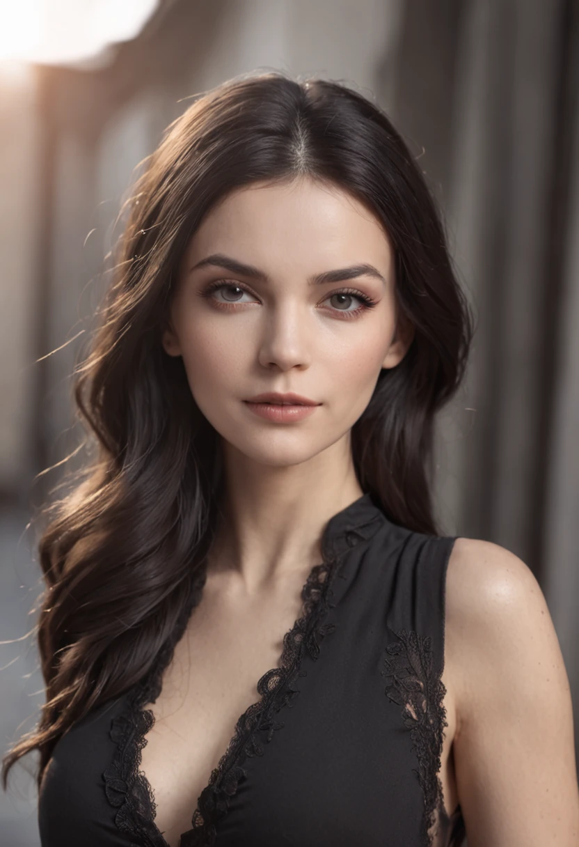 Foto realista, beautiful sensual young woman 20 years old, piel blanca , Black lingerie, delgada, long purple hair loose back, Eyes looking at the camera, maquillaje ligero, sonriendo, Clear lighting, colores vividos, textura realista, sensual