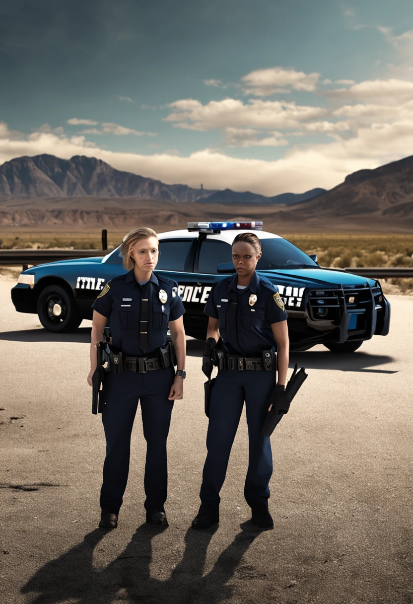 A realistic image of Officers Ariel Bellingham and Allison Pierz of the Miltona Police Department standing in front of a police car in Miltona, Minnesota. The officers are looking serious and tense, as if they are investigating a crime. The background is dark and ominous, creating a sense of suspense