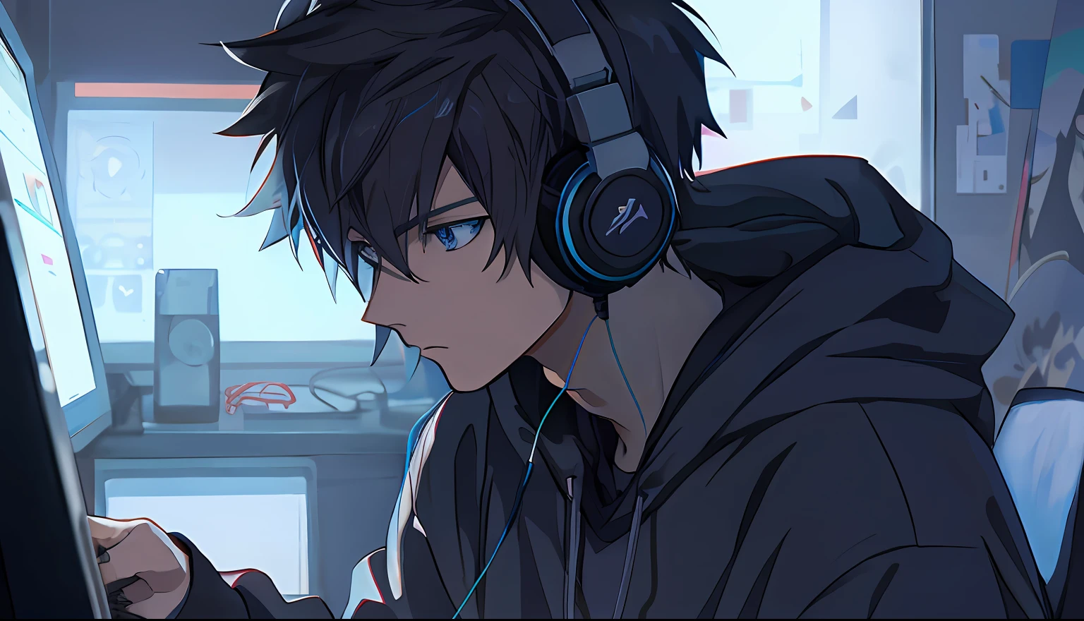 Anime boy wearing headphones using computer in room, anime moe art style, young anime man, Anime boy, High Quality Anime Art Style, nightcore, style of anime4 K, with headphone, Digital anime illustration, Tall anime guy with blue eyes, Anime handsome man, male anime character, he has headphones, Male anime style, trigger anime artstyle