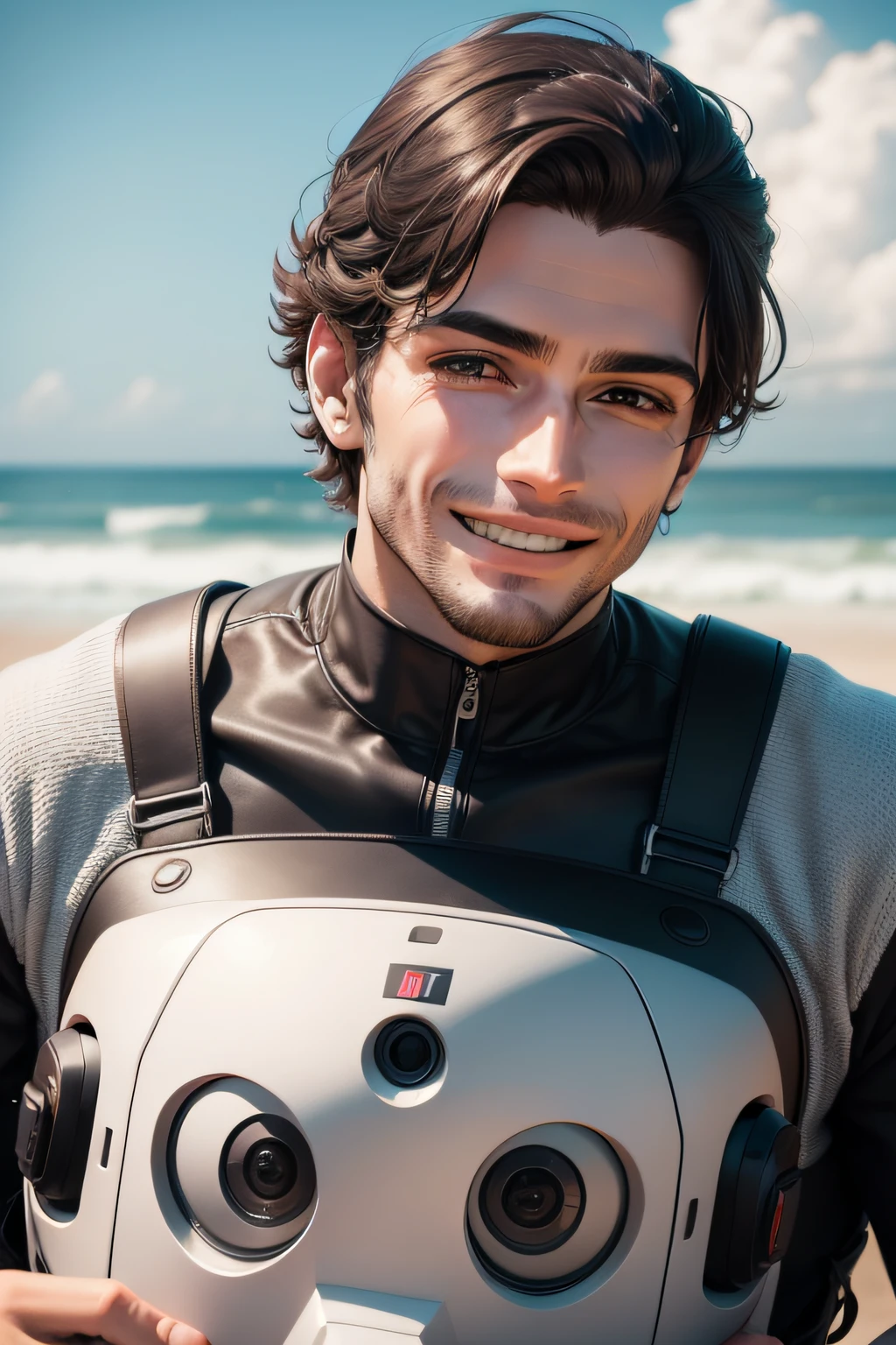 homem olhando de frente, com sorriso no rosto, pilotando drone