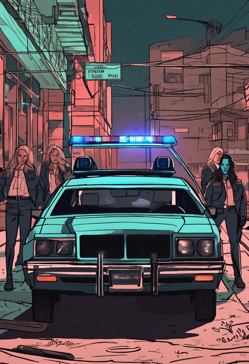 A realistic image of Officers Ariel Bellingham and Allison Pierz of the Miltona Police Department standing in front of a police car in Miltona, Minnesota. Ariel has long blonde hair and Allison has long teal hair. The officers are looking serious and tense, as if they are investigating a crime. The background is dark and ominous, creating a sense of suspense