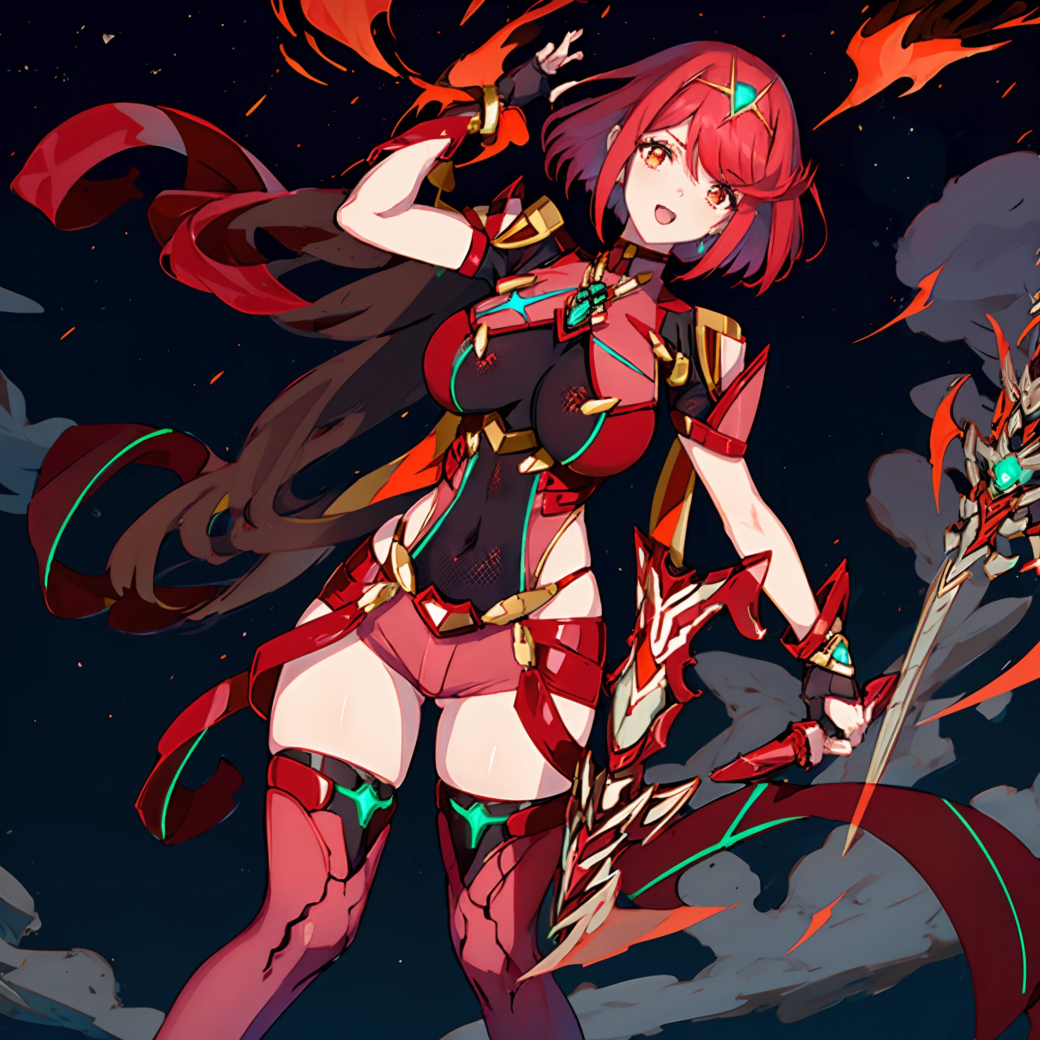 pyra \(xenoblade\), _1girl, loliarmor, bangs, black gloves, breasts, red eyes, closed mouth, earrings, eyelashes, fingerless gloves, floating hair, framed breasts, gem, gloves, hair ornament, headpiece, jewelry, big_breasts, leaning back, leotard, neon trim, official art, pose, red hair, red shorts, saitou masatsugu, short hair, short shorts, short sleeves, shorts, sidelocks, skin tight, solo, standing, swept bangs, thighhighs, tiara, night_prairie_background, turtleneck, underbust, vambraces, xenoblade chronicles \(series\), (xenoblade chronicles 2), apart_legs, fire_effect,dynamic_pose,fighting,light_smile, (plump:1.1), big_ass,huge_sword, hold_large_sword_hilt, solo, covered_nipples, covered_pussy,open_mouth,back_view, fists,