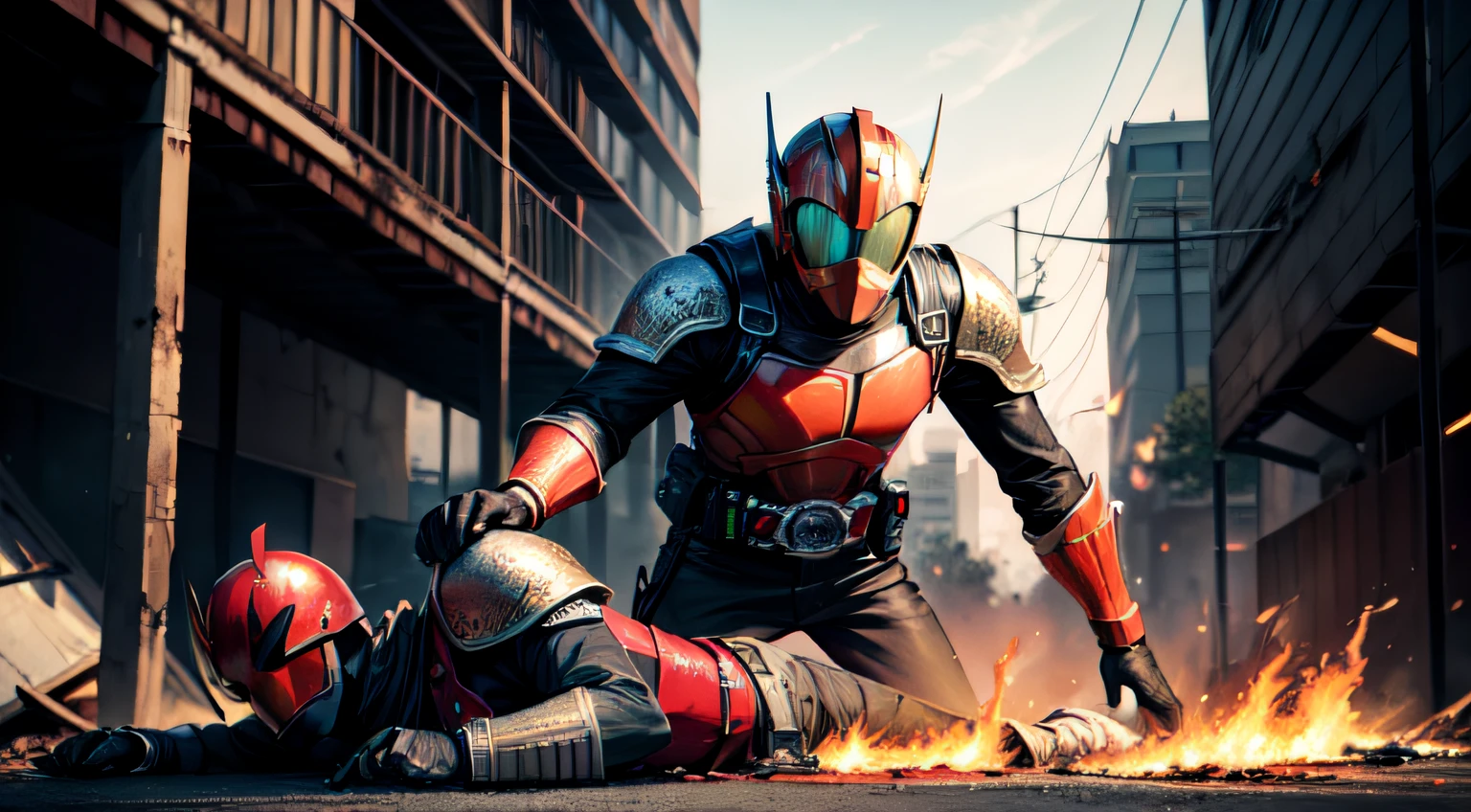 On the ground lay a man killed in battle，He wears red armor，There are small flames burning around，Urban ruined environment，Kamen Rider style，high high quality，High Picture Quality，A high resolution，Hyper-realistic
