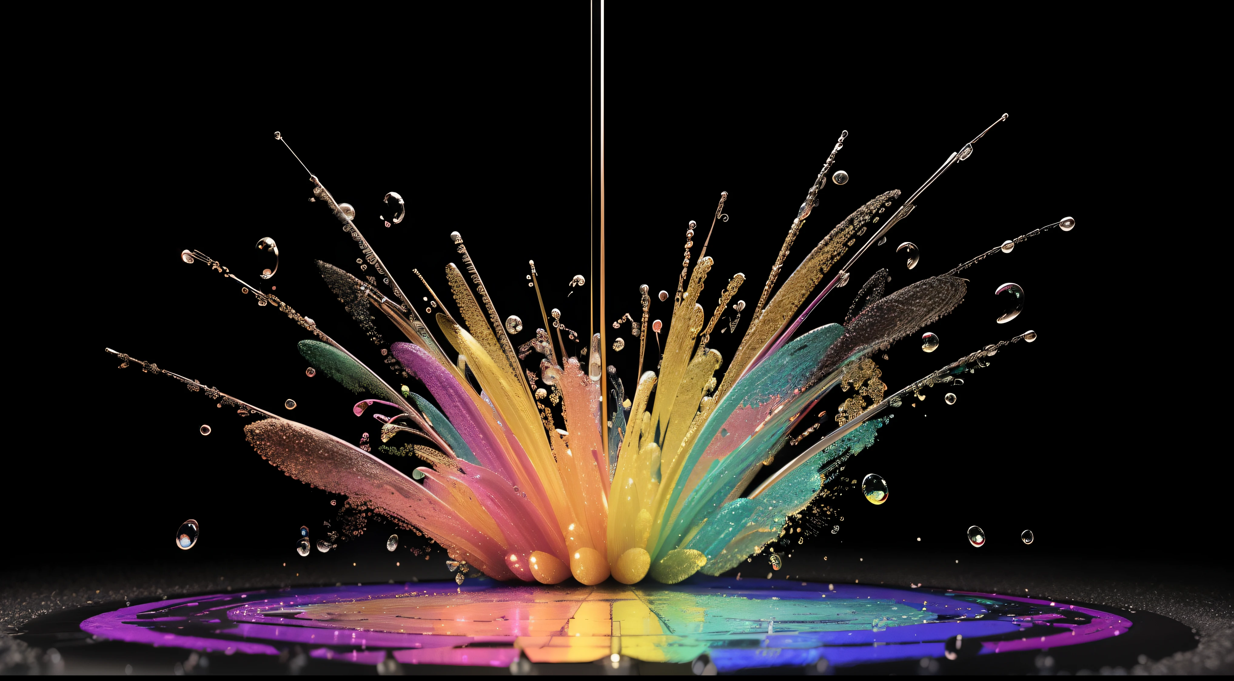 ((Alberto Severo art, torbelino de gotas multicolores desplazandose de derecha a izquierda cae sobre una superficie brillante que las refleja, salpicaduras gotas congeladas multicolores  solo gotas y salpicaduras multicolores y ondas expansivas multicolores en circulos concentricos en la superficie,  brillos tornasolados )), (fotografia digital ,cinematic lighting gran acercamiento , ), obra hiper realista, efectos 3D, Ultra HD, obra de arte magistral ,16k Arte digital 4K altamente detallado, Pintura digital intrincada, Arte digital detallado 4K,Esta cautivadora pantalla, skillfully crafted with the animation capabilities of Cinema 4D, Bring liquid droplets to life in a symphony of textures and colors. The final composition, Enriched with gamma correction and tone mapping techniques, reflects the unique artistic styles of Alberto Severo