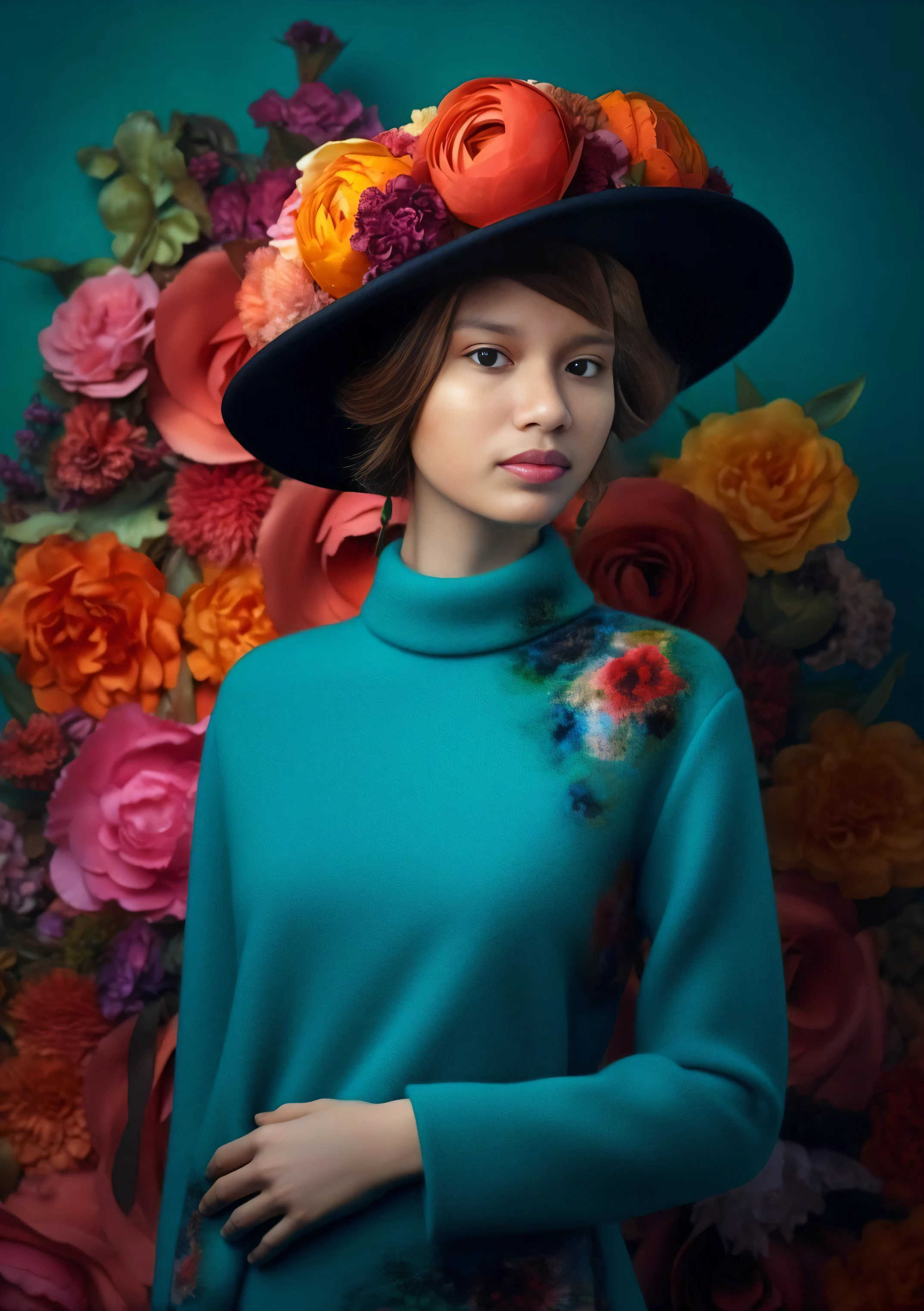Arafed woman in a blue dress and a black hat with flowers, Maia Sandu Hiper-realista, Fine Art Fashion Magazine Estilo, Retrato da tempestade da flor, retrato de moda, retrato de alta qualidade, pintura digital elegante, fotografia de moda fine art, retrato colorido, Ensaio de Moda 8K, inspirado em Oleg Oprisco, fotografia colorida realista, cyan photographic backdrop
