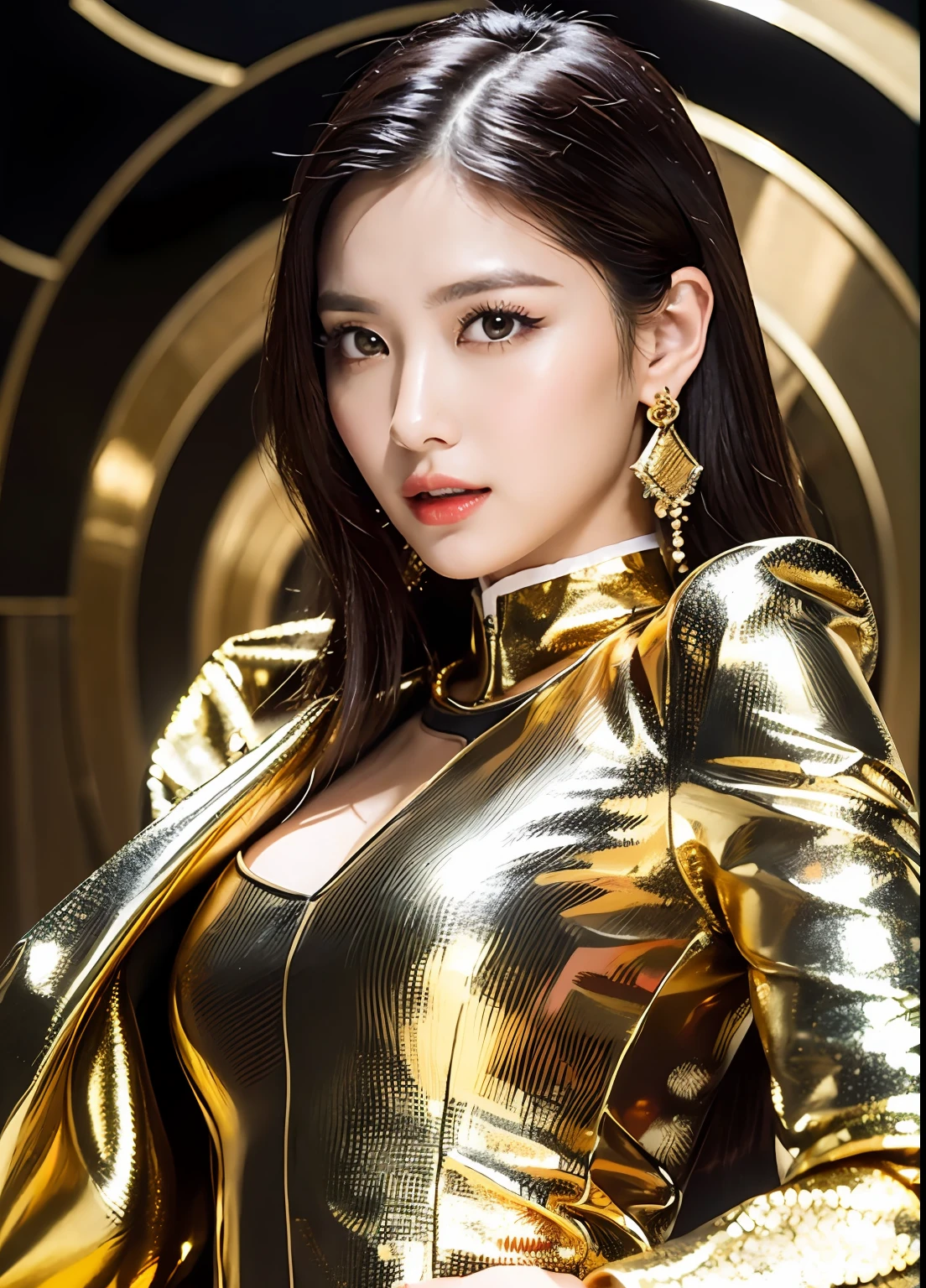 Create high-quality images of women with distinct golden and black colors. She is dressed in a sophisticated fashion style and dressed in elegant outfits in gold and black. The background is a landscape with abstract and fantastic elements, Shimmering golden rays and geometric patterns. Her poses are graceful and give a feeling of confident movement. The effects of light and shadow are masterfully presented, and faces and expressions are charmingly depicted in the smallest details of gold and black suits and accessories. The overall atmosphere is modern, but has its own artistic connotation, And the contrast between gold and black adds depth and brilliance. The combination of gold and black colors is beautiful in this image, which is visually stimulating and aesthetically pleasing, and will interest and surprise the viewer.