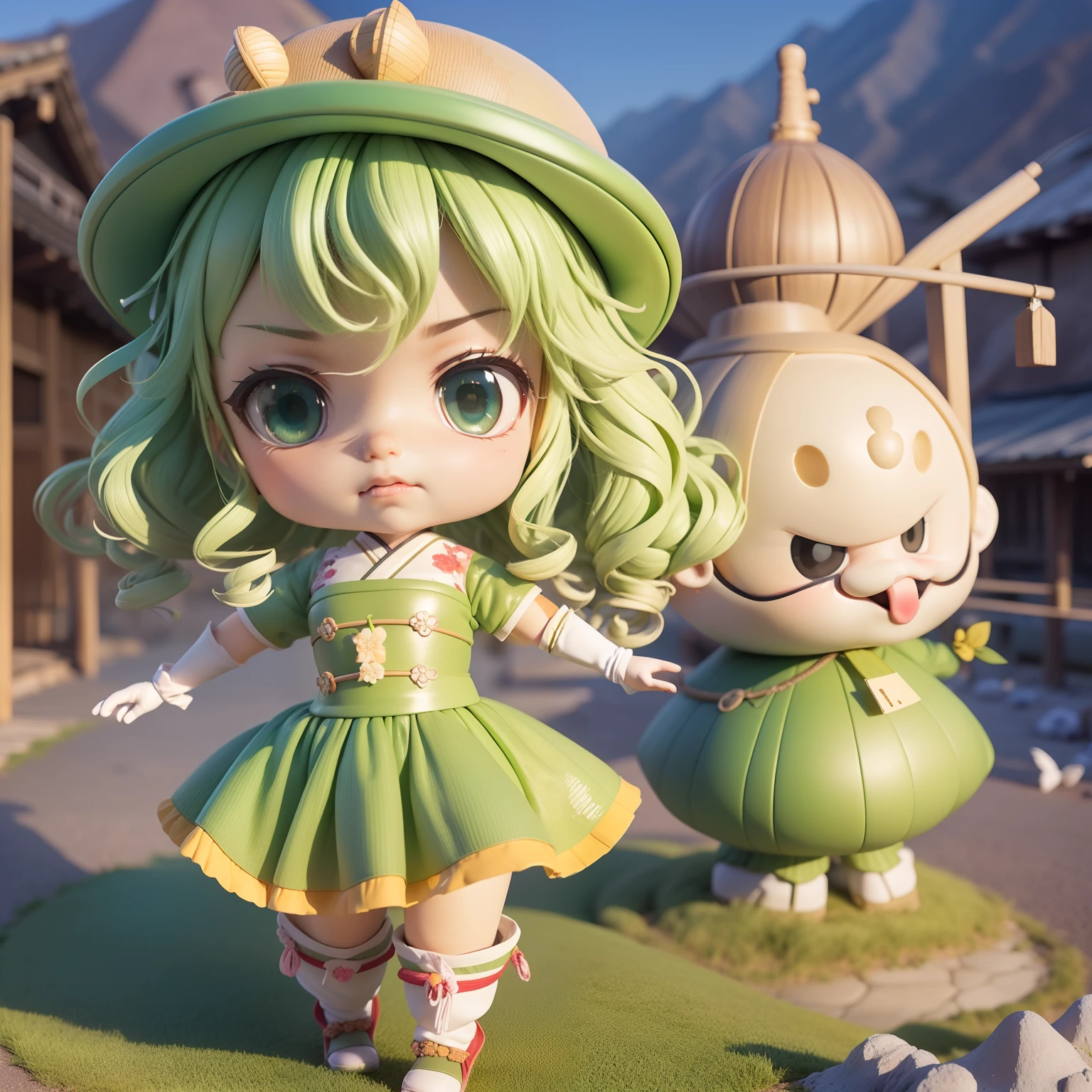 (((Chibi 3D))) (Best Quality), (masutepiece) Chibi Anime Deformed Style,Beige curly hair,bluish green eyes, Iliwa Piero Costume, fancy dress, Luxurious 5-piece full set, Top and bottom clothes, gloves, hat, Mask, wig, unisex, Clown Cosplay, Fancy Dress Set,angry expressions,The background is(Gassho-zukuri villages of Shirakawa-go and Gokayama:1.5).