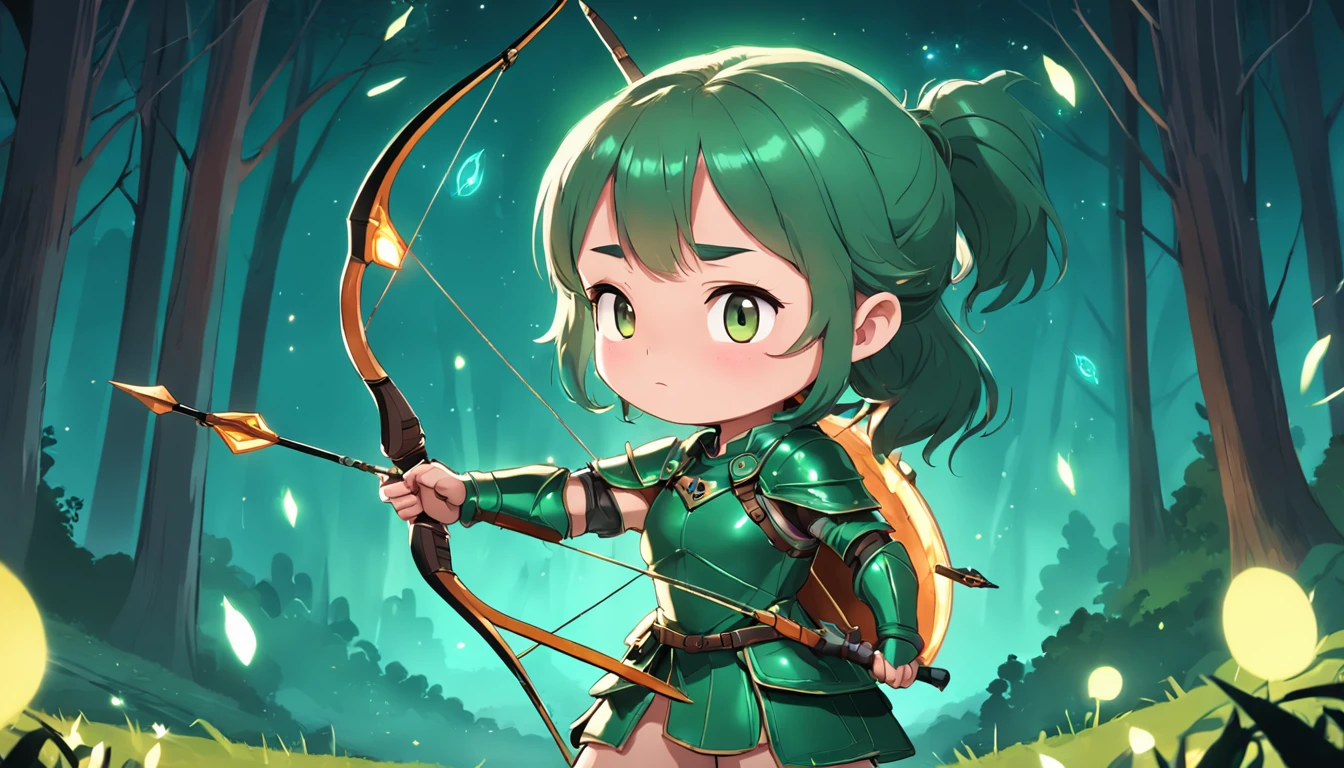 Cartoony，Chubby little girl in green light leather armor，archer，With a crossbow and arrow，Glowing fireflies around，，Cute and cute，KIDS ILLUSTRATION，Glow effects，Dingdall effect，depth of fields，high light，Real light，Ray traching，oc rendered，Hyper-realistic，best qualtiy，8K，Works of masters，super-fine，Detailed pubic hair，Correct anatomy，sharp focus on eyes，The facial structure is reasonable，Facial features are carefully depicted