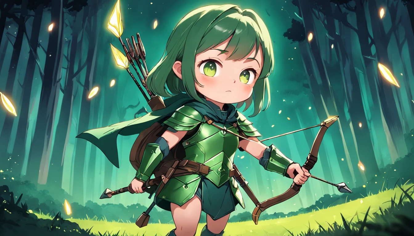 Cartoony,Chubby girl in green light leather armor,archer,With a crossbow and arrow,Glowing fireflies around,,Cute and cute,KIDS ILLUSTRATION,Glow effects,Dingdall effect,depth of fields,high light,Real light,Ray traching,oc rendered,Hyper-realistic,best qualtiy,8K,Works of masters,super-fine,Detailed pubic hair,Correct anatomy,sharp focus on eyes,The facial structure is reasonable,Facial features are carefully depicted
