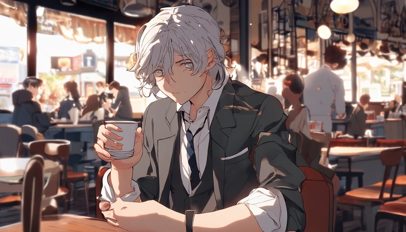 a gentleman at a table with a cup of coffee, garota misteriosa da cafeteria, sitting at a café, sitting in a cafe alone, visual anime de uma menina bonito, sitting alone in a cafe, Kawacy, estilo anime 4K, anime moe artstyle, Menina anime com cabelo longo, in a coffee shop, menina anime bonita, Papel de parede anime 4k