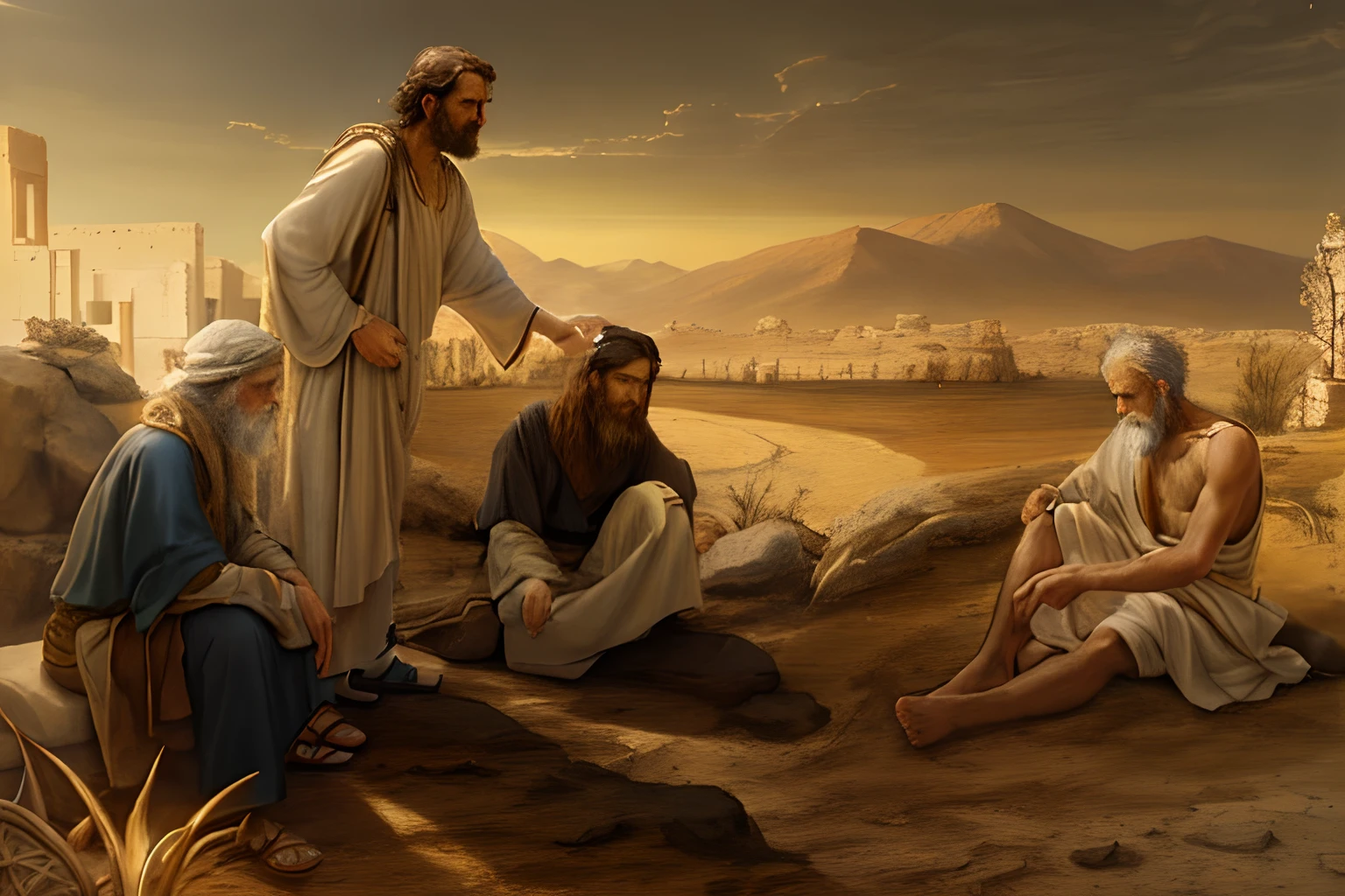 a painting of a group of men sitting on the floor, bible illustration, biblical painting, beautiful depiction, Directed by: Scott M. Fischer, epic biblical representation, by senior artist, Imagem absolutamente excepcional, dramatic artwork, biblical art style, Directed by: Juan O'Gorman, biblical image, hystorical painting, Beautiful image, Directed by: Meredith Dillman, breathtaking art, Ancient Biblical