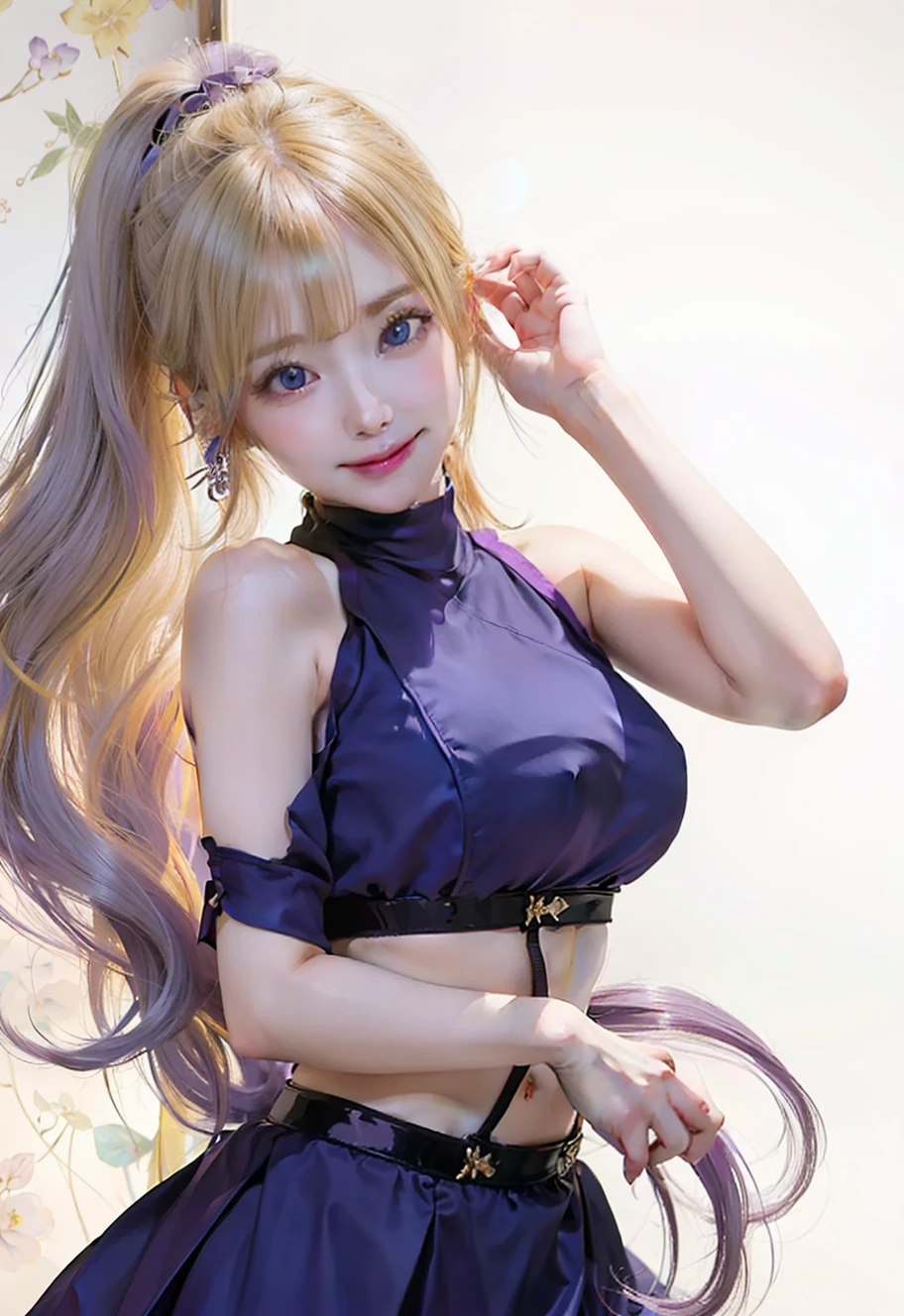 1girl, yamanaka ino, long hair, sexy dress, yellow hair, blue eyes, smile, beautiful, purple clothes, very big breast, sexy clothes, indoor wallpaper, wallpaper realistic, wallpaper detail, indoor background, ultra detail, realistic