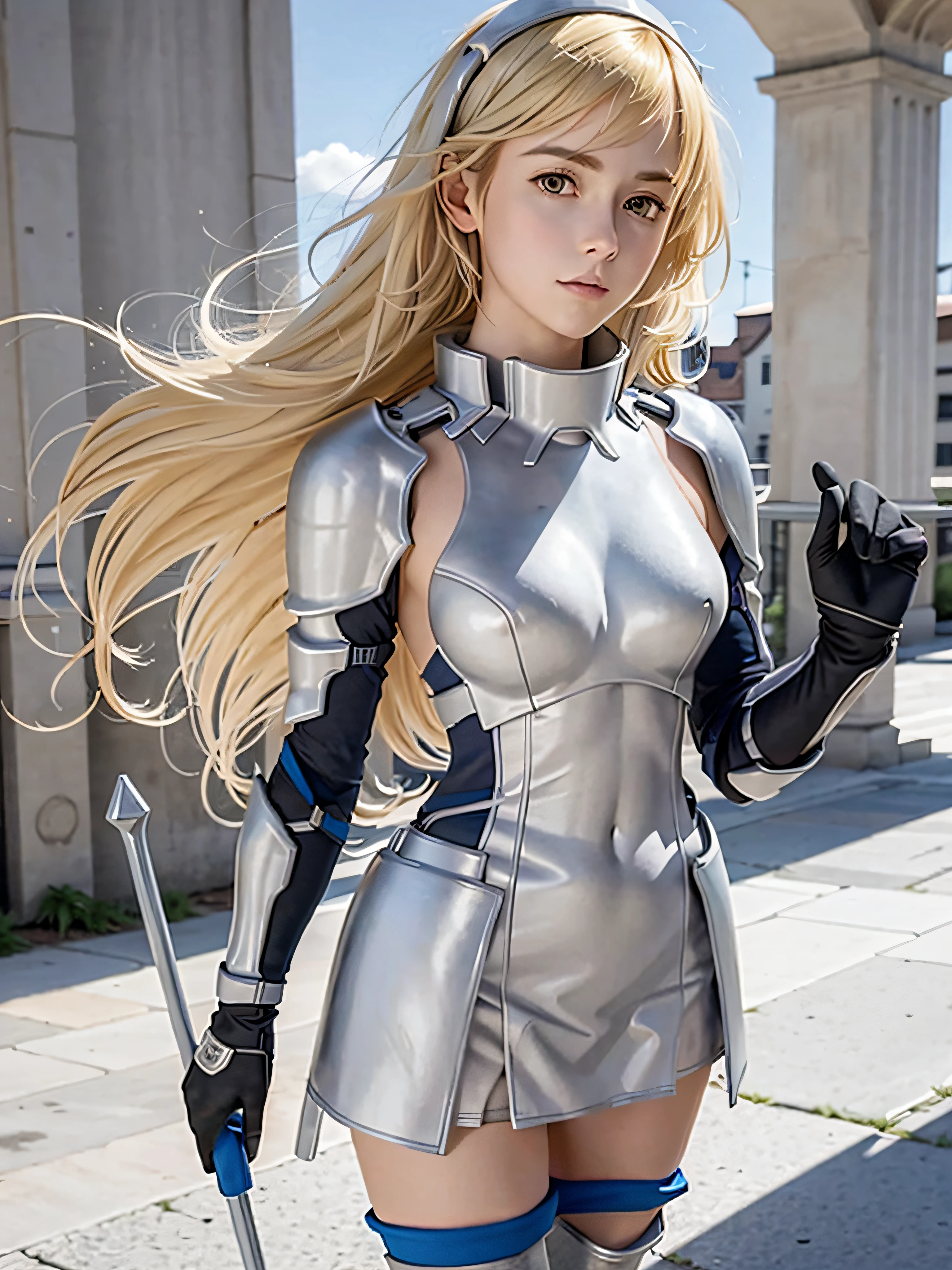 ais, 1girl, solo, blonde hair, armor, long hair, straight hair, thighhighs, boots, dress, yellow eyes, thigh boots, blue long boots, blue footwear, covered navel, breastplate, shoulder armor, gloves, white dress outdoor, sunny, standing