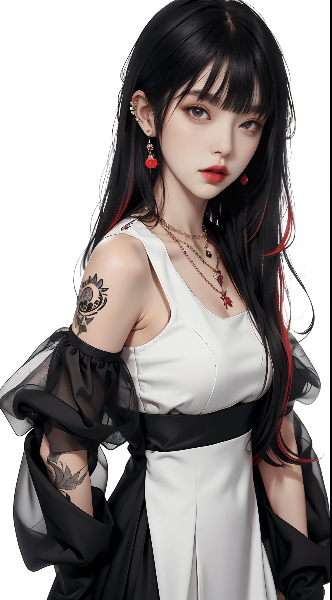 1girll, Solo, Long_Hair, Breasts, Looking_at_peeping at the viewer, bangs, Simple_Background, black_Hair, Red_Eyes, White_Background, dress, Bare_bshoulders, jewelry, The upper part of the body_Body, Red_Hair, Earrings, Multicolored_Hair, parted_Lips, Detached_Sleeves, blunt_bangs, necklace, black_dress, Lips, See-through, Makeup, Border, Piercing, Ear_Piercing, Colored_Inner_Hair, Red_Lips