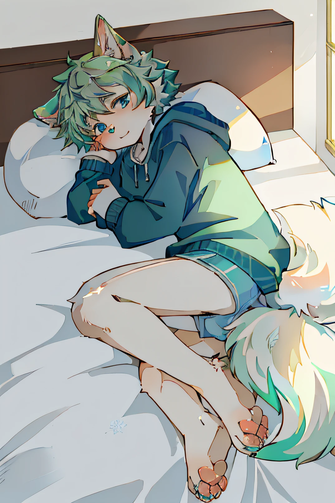 Bright eyes, panorama, character focus solo, furry, furry male cat, male yellow-white fur, blue eyes, gray hair (long) loli style,,, will sell cute, wearing blue clothes and pants, the figure is lying on the bed
