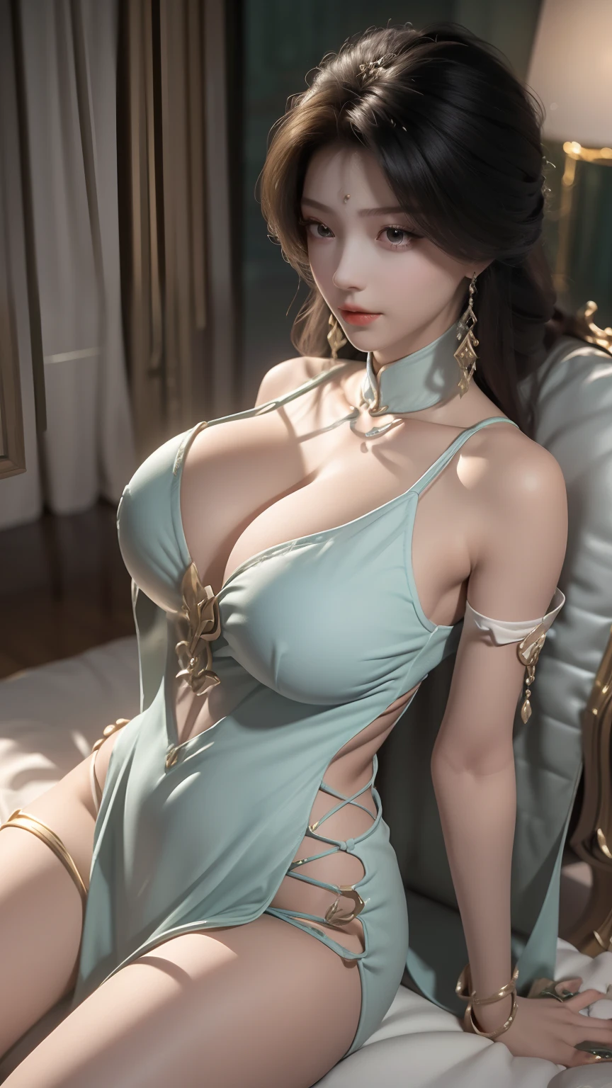 ((Best picture quality, 8K, tmasterpiece:1.3)), 1girll, Beautiful woman with slender abs:1.3, (Casual hairstyle), Princess dress:1.1, huge tit, Ultra-fine face, A detailed eye, 二重まぶた,ssmile,Home, Above thighs