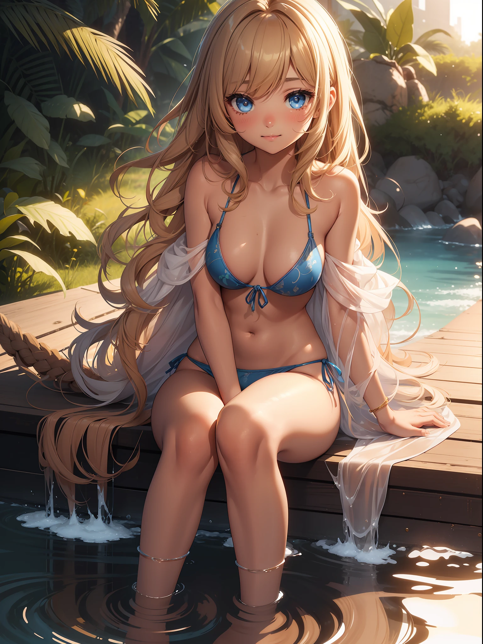 Top quality ultra-detailed CG art、Brown-skinned、The human:1.2)、Golden hair、big eye、Cold eyes、Mid summer、sixteen years old、red blush、Naked shoulders、Blue eyes、sexypose、Naughty Girls、Short stature、puddles、kawaii、ssmile、Beautiful feet、Medium Hair、The bikini、knees up、