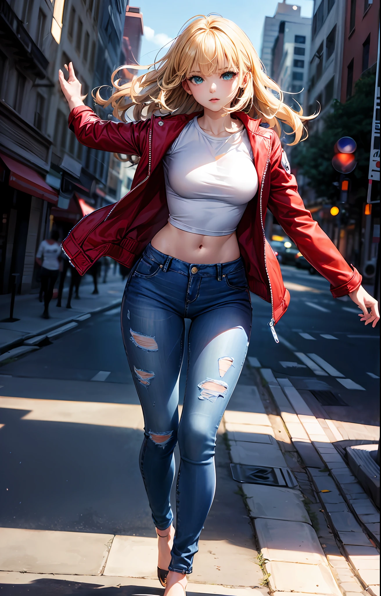 masterpiece, extremery magnificent view, perspective, extremery best quality, extremery detailed CG, 8k wallpaper, high resolution, highly detailed face, highly detailed eyes, perfect anatomy, super detailed skin,
(dynamic angle, dynamic pose:1.2), outdoors, city, street, (portrait, legs focus, full body), (beautiful face, beautiful eyes, beautiful legs:1.3),
1 girl, solo, (white t-shirt, red jacket, skinny jeans:1.3), medium breasts, blonde hair, short hair, floating hair, wavy hair, open forehead, parted bangs, (black heeld:1.3), green eyes, (blue jeans:1.3), (navel:0.8), skinny, slender, wide hips, thin waist