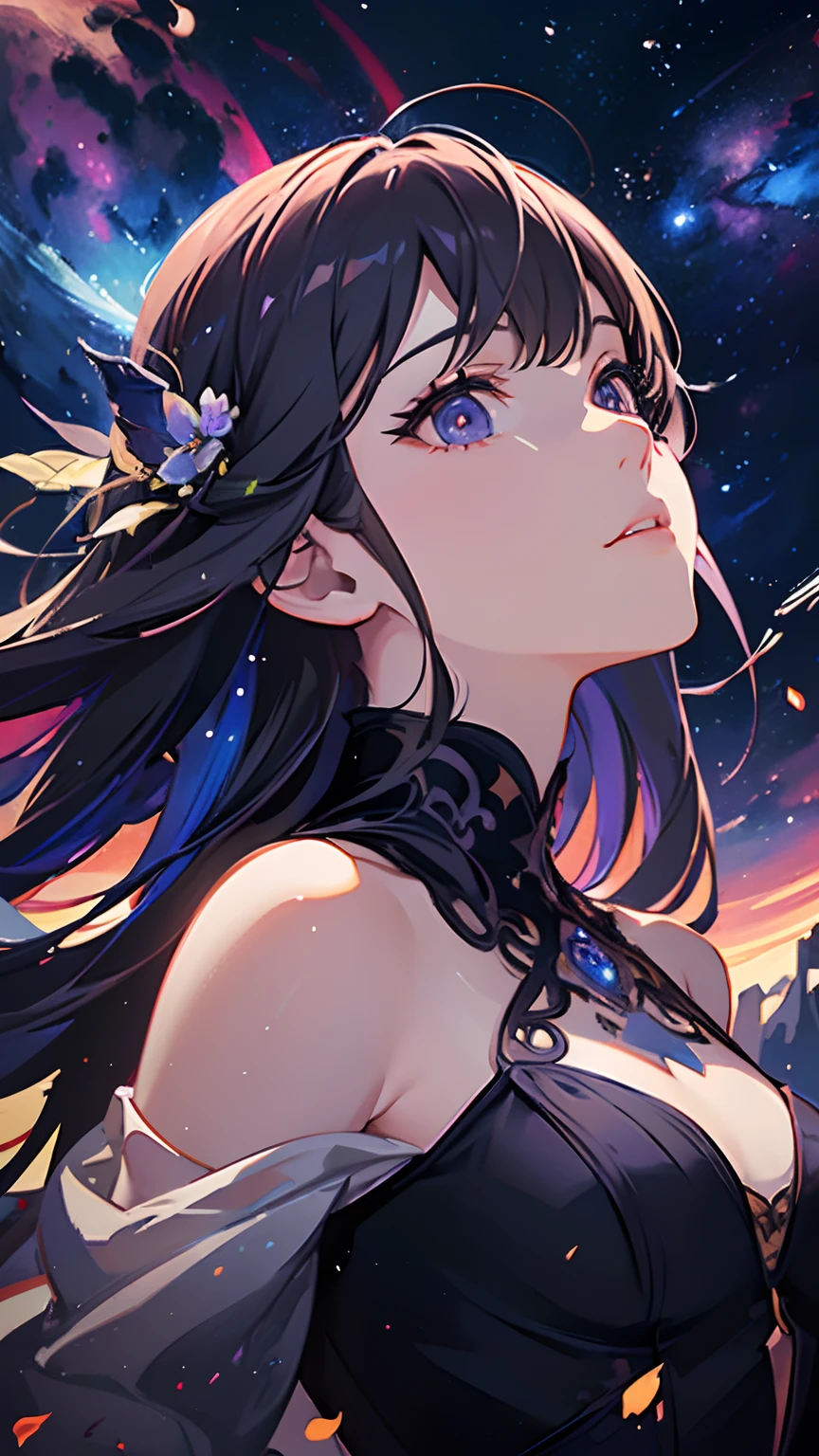 A beautiful angel out of this world、Ethereal girl::Three complex details, ornate, detailed illustration, Octane Render, Beautiful Girl, Trending on ArtStation, Vast landscape photos , (a view from below that shows sky above and open field below), a girl standing on flower field looking up, (fullmoon:1.2), ( shooting stars:0.9), (nebulas:1.3), distant mountain, tree BREAK
Production art, (Warm light source:1.2), (firefly:1.2), apples, lot of purple and orange, Intricate details, Volumetric lighting, Realism Break
(masutepiece:1.2), (Best Quality), 4K, Ultra-detailed, (dynamic compositions:1.4), Highly detailed, Colorful Detail,( Iridescent colors:1.2), (Glowing lighting, Atmospheric lighting), Dreamy, Magical, (Solo:1.2) (((Realistic)))