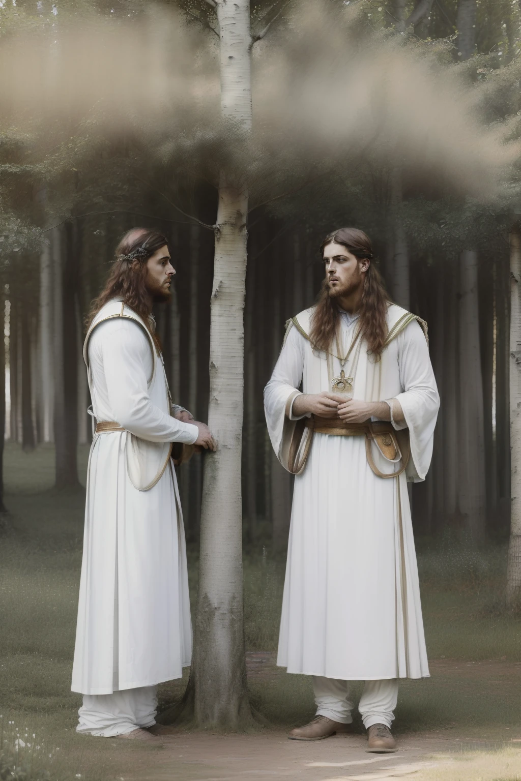 (((Pre-Raphaelite painting of men in white, Druids in Alameda de Álamo-Tremedor and birch, cogumelos, Poplar-tremedor, twin brothers, paisagem celta, outono)))