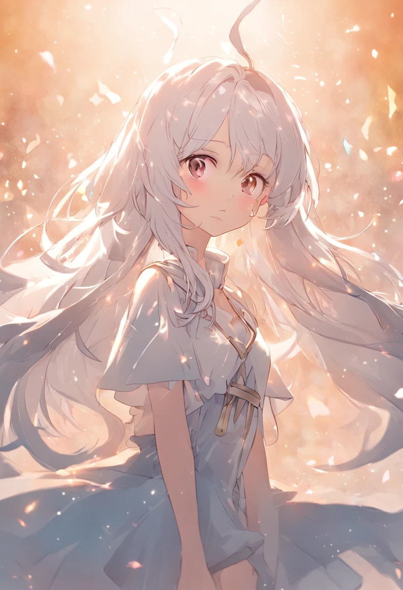 Cute girl,Pure white hair flutters,Like a gentle breeze under the soft sun,The golden eyes shone brightly,The delicate face is straight and sweet,The overall body shape conforms to human proportions,Wear cute costumes,Exudes a charming charm。