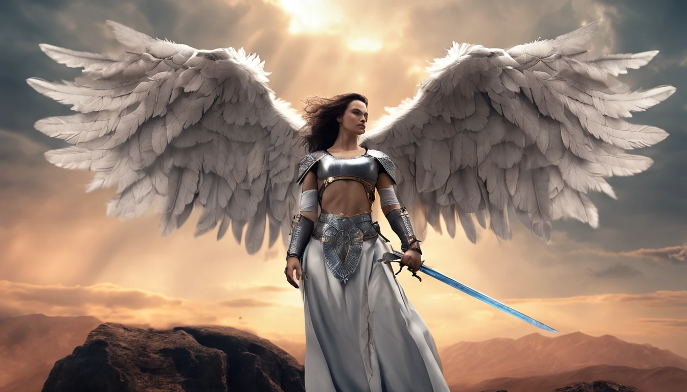 strong angel of god flying realistic perfect with white wings sword in hand shield ::n_ Imperfection, anime, texto, boneco, jogo, low perfection, texto, assinatura