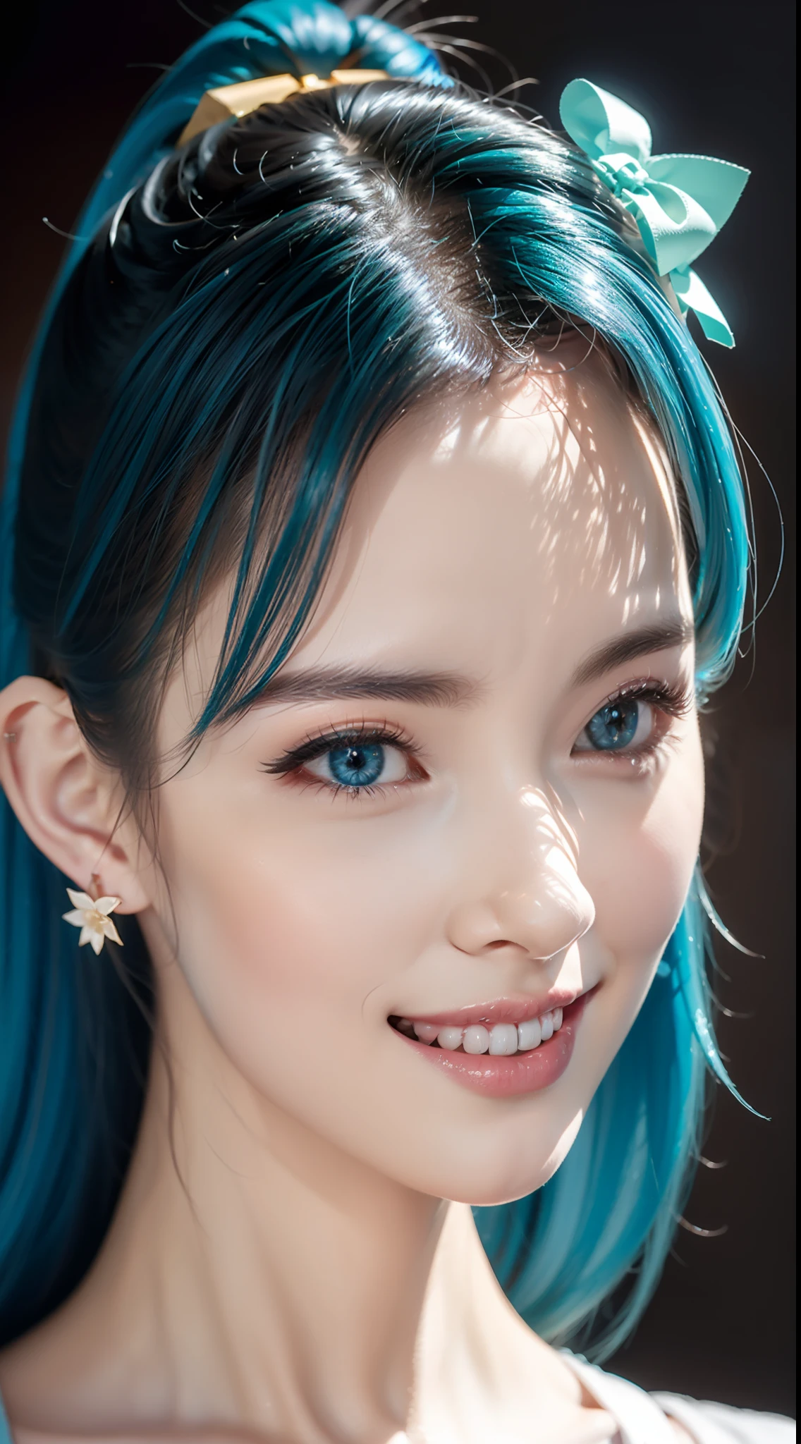 Light blue hair, Asymmetrical hair, hair behind ear, Side ponytail, Straight hair, Hair Bow, headset on head, mismatched sclera, eyes reflection, Heart earrings, Seductive smile, surrealism, modern, Cinematic lighting, viewfinder, projected inset, Close-up, Eye level shots, hyper HD, Masterpiece, High details, Textured skin