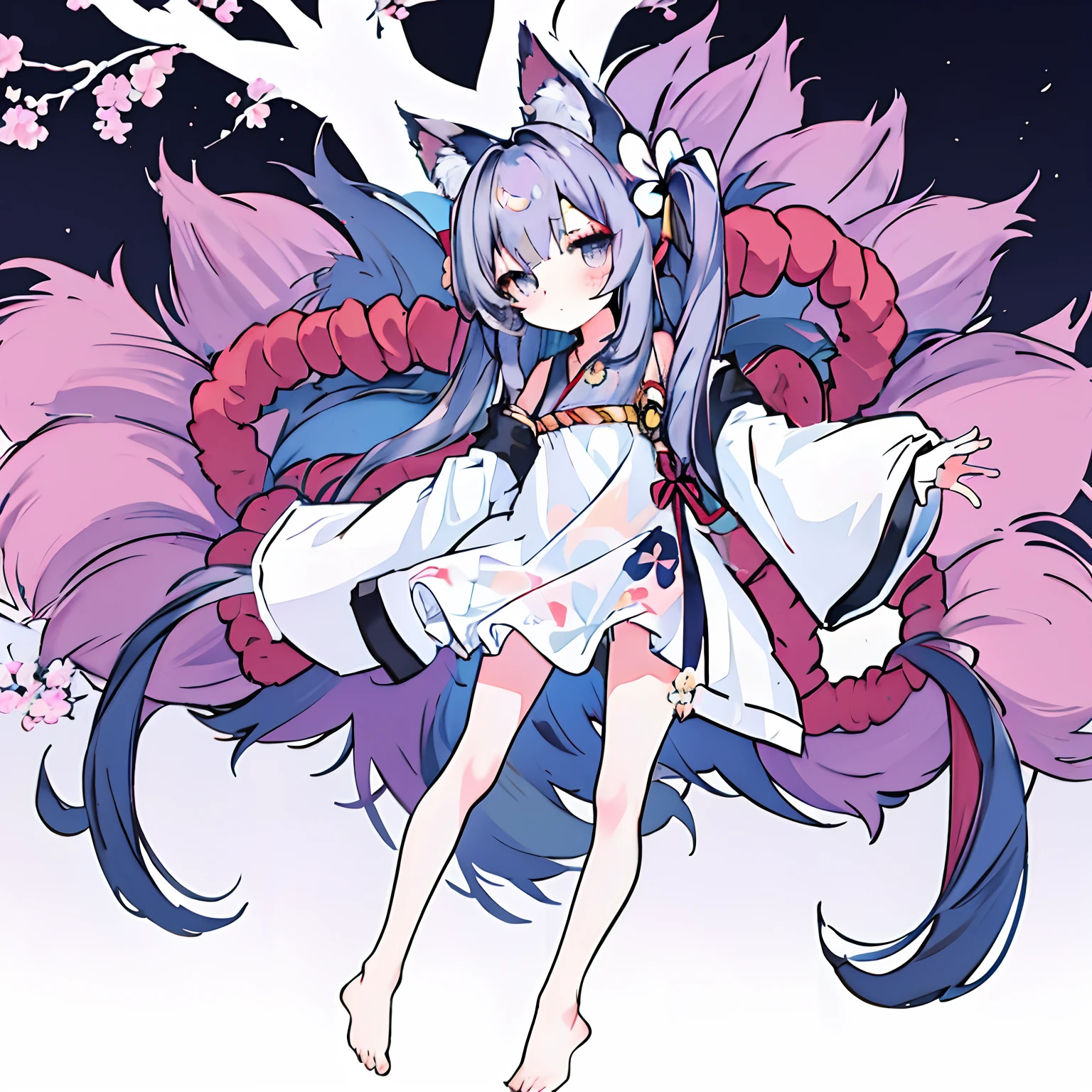 bit girl，Bare legged，Long sleeves cover hands，Poor milk, azur lane style, Very beautiful anime cat girl，Count the jumping flesh red tentacle tail，Slim and small，Barefoot，Barefoot，Stand up，whaite hair，Light blue eyes，The pupils have a diamond-shaped pattern