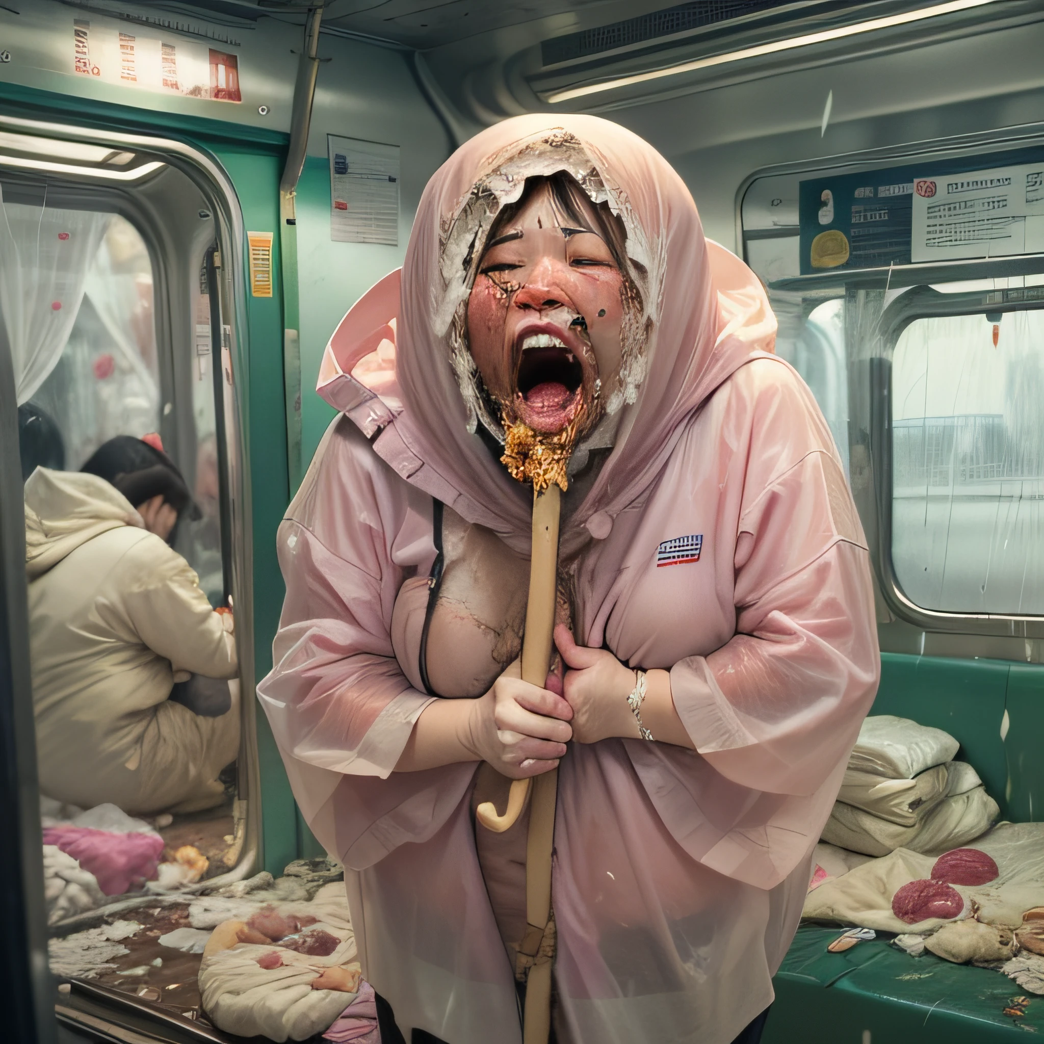 Severe strong winds and pouring rain、Woman's bedroom at night with dirty curtains closed due to mass rotting offal, seafood, Manure and vomit scattered in contaminated and murky sewage are crooked and flowing on the train floor.、Japan fat woman in her 20s holding umbrella、Contorting the face into a stench、Wearing a look of anguish、Spit out a large amount of food or internal organs through a wide open mouth