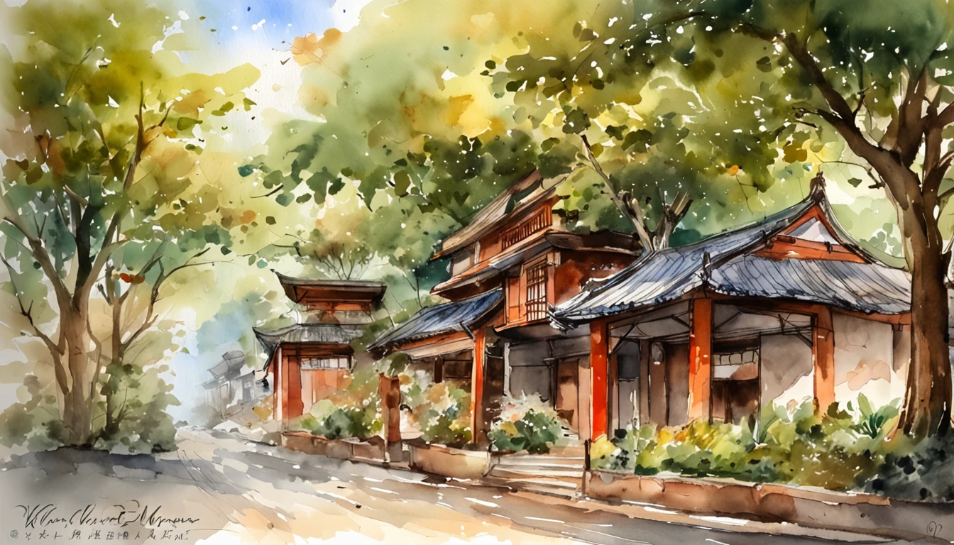 Old residential area,Red brick building,Big banyan tree,Clean the pavement,Fallen leaves,夏天,in the early morning,Light red tones,super-fine,Carefully portrayed,high qulity,8K,