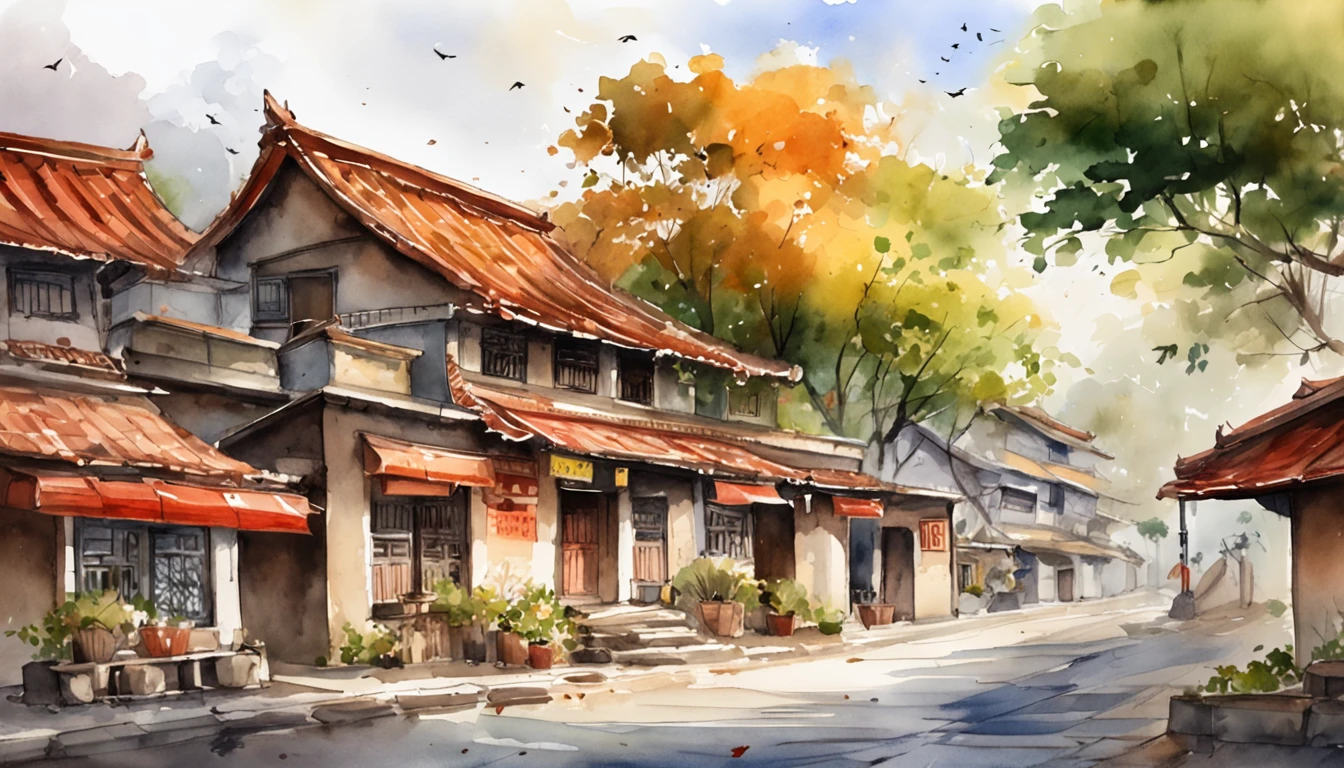 Old residential area,Red brick building,Big banyan tree,Clean the pavement,Fallen leaves,夏天,in the early morning,Light red tones,super-fine,Carefully portrayed,high qulity,8K,