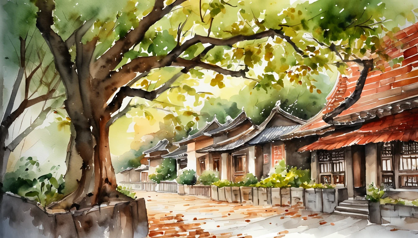Old residential area，Red brick building，Big banyan tree，Clean the pavement，Fallen leaves，夏天，in the early morning，Light red tones，super-fine，Carefully portrayed，high qulity，8K，
