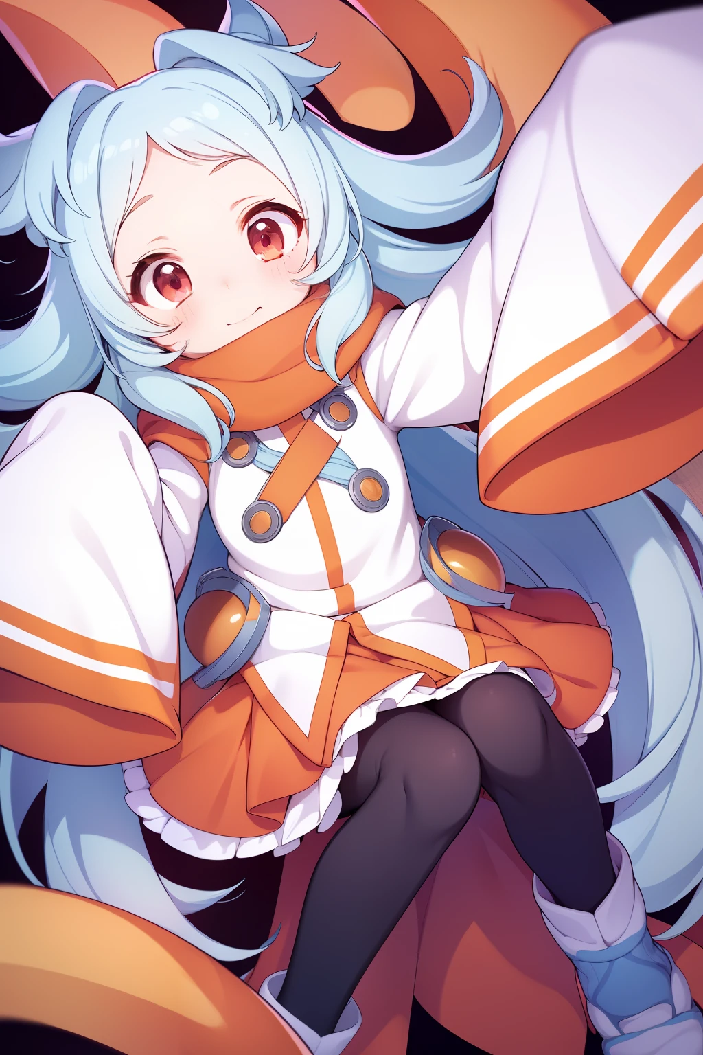 Light blue hair, very long hair, red eyes, very thin body, short stature, ***********, white clothes with sleeves long enough to cover her hands, orange skirt, light orange muffler, black leggings, cute, high quality