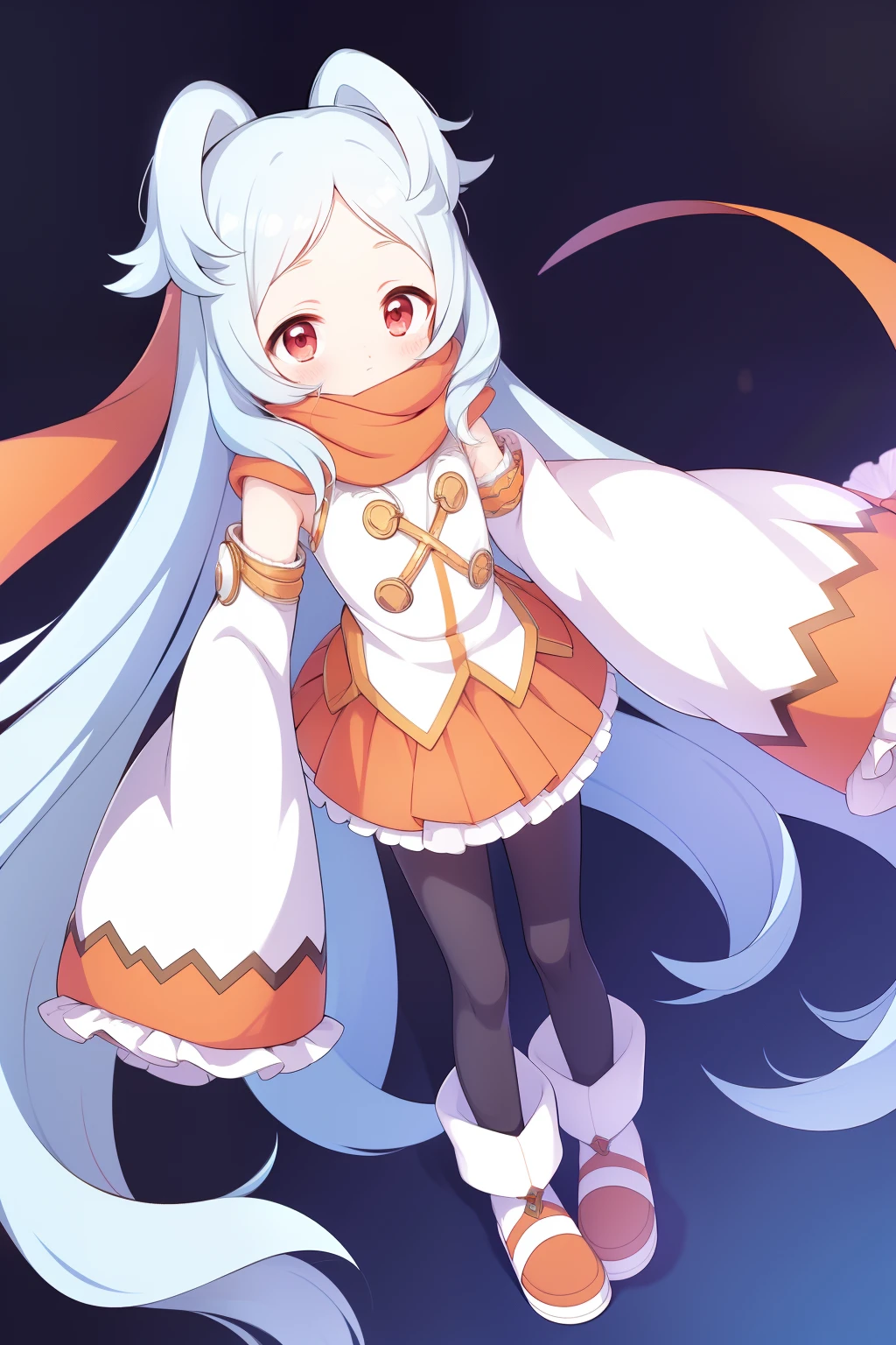 Light blue hair, very long hair, red eyes, very thin body, short stature, little girl, white clothes with sleeves long enough to cover her hands, orange skirt, light orange muffler, black leggings, cute, high quality