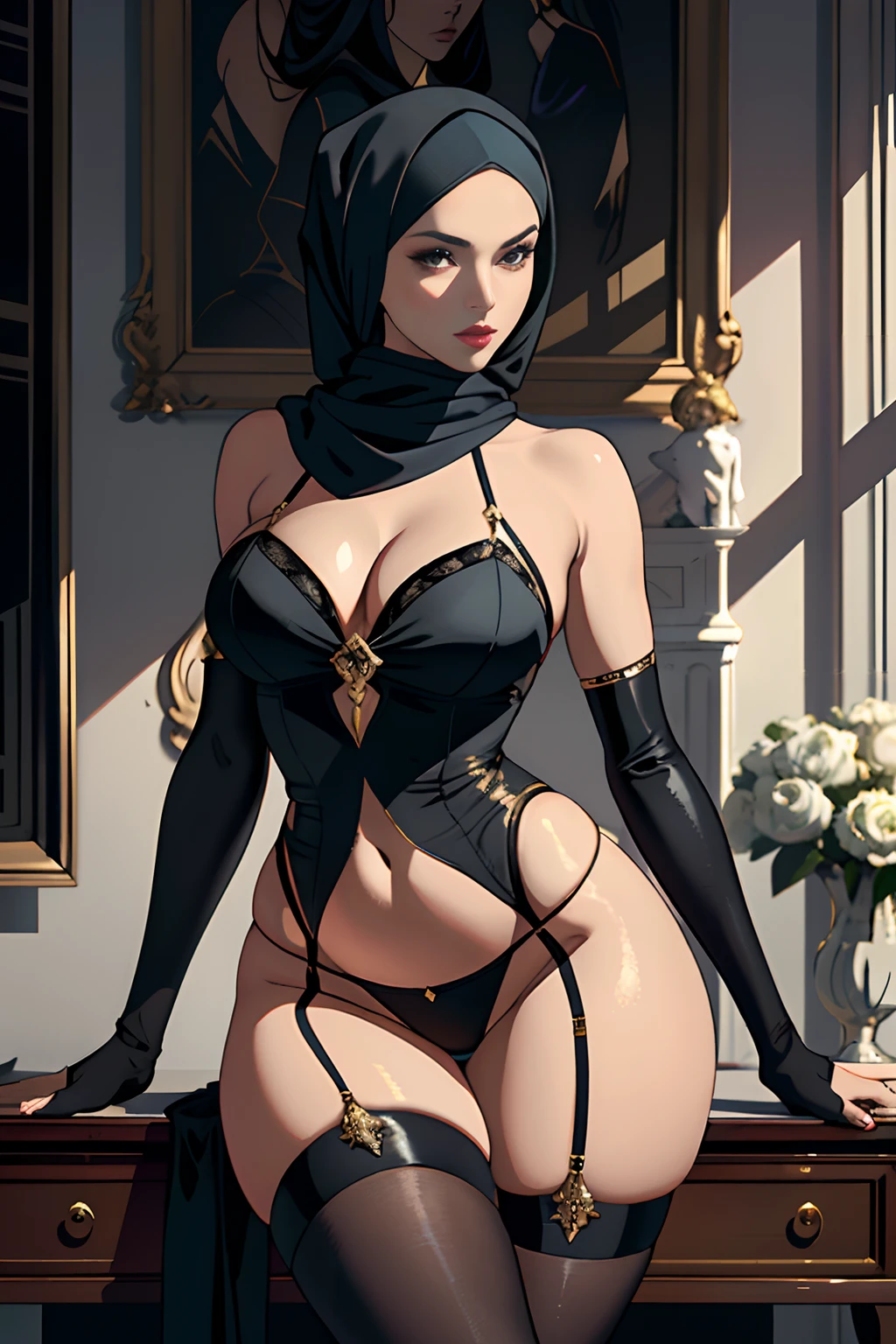 "Exquisite masterpieces of the highest quality, Features stunning realism depicting a confident woman. She wears a stylish headscarf，Show off her beautiful curves, Emphasize her sexy back and length, Slender legs. Wearing black underwear, Wear it with seductive stockings and elegant stiletto heels, She exudes sensuality and sophistication in this full-body composition."