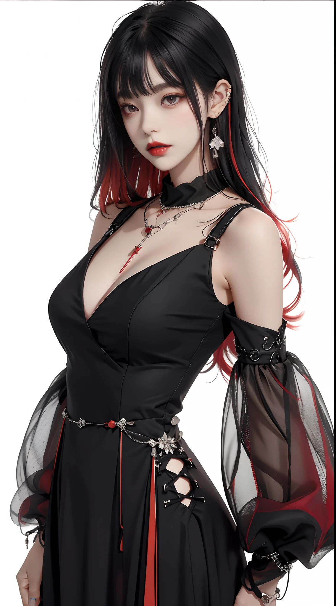 1girll, Solo, Long_Hair, Breasts, Looking_at_peeping at the viewer, bangs, Simple_Background, black_Hair, Red_Eyes, White_Background, dress, Bare_bshoulders, jewelry, The upper part of the body_Body, Red_Hair, Earrings, Multicolored_Hair, parted_Lips, Detached_Sleeves, blunt_bangs, necklace, black_dress, Lips, See-through, Makeup, Border, Piercing, Ear_Piercing, Colored_Inner_Hair, Red_Lips