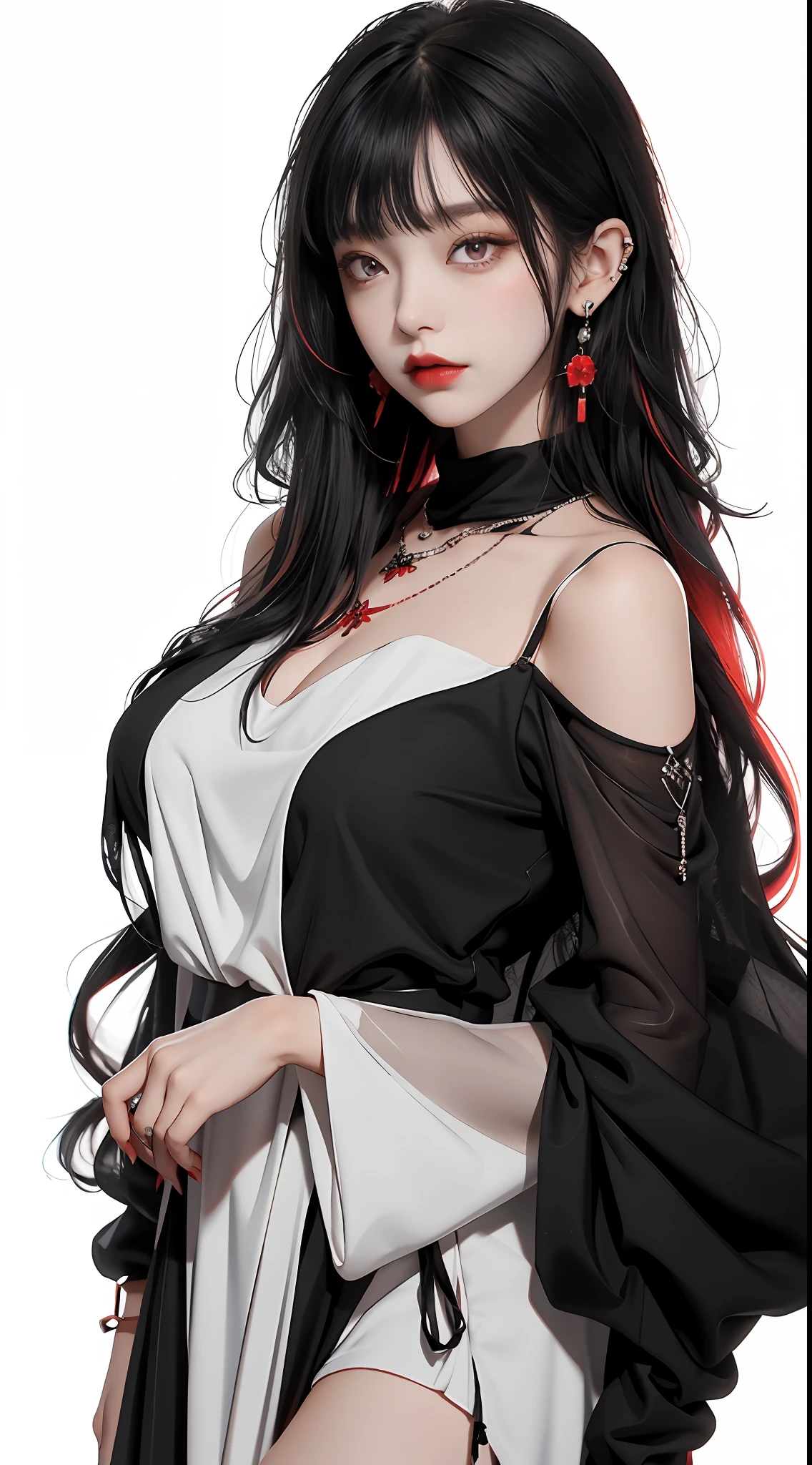 1girll, Solo, Long_Hair, Breasts, Looking_at_peeping at the viewer, bangs, Simple_Background, black_Hair, Red_Eyes, White_Background, dress, Bare_bshoulders, jewelry, The upper part of the body_Body, Red_Hair, Earrings, Multicolored_Hair, parted_Lips, Detached_Sleeves, blunt_bangs, necklace, black_dress, Lips, See-through, Makeup, Border, Piercing, Ear_Piercing, Colored_Inner_Hair, Red_Lips