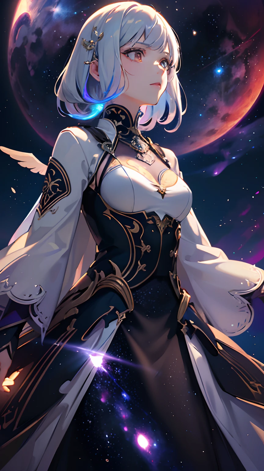 A beautiful angel out of this world、Ethereal girl::Three complex details, ornate, detailed illustration, Octane Render, Beautiful Girl, Trending on ArtStation, Vast landscape photos , (a view from below that shows sky above and open field below), a girl standing on flower field looking up, (fullmoon:1.2), ( shooting stars:0.9), (nebulas:1.3), distant mountain, tree BREAK
Production art, (Warm light source:1.2), (firefly:1.2), apples, lot of purple and orange, Intricate details, Volumetric lighting, Realism Break
(masutepiece:1.2), (Best Quality), 4K, Ultra-detailed, (dynamic compositions:1.4), Highly detailed, Colorful Detail,( Iridescent colors:1.2), (Glowing lighting, Atmospheric lighting), Dreamy, Magical, (Solo:1.2) (((Realistic)))