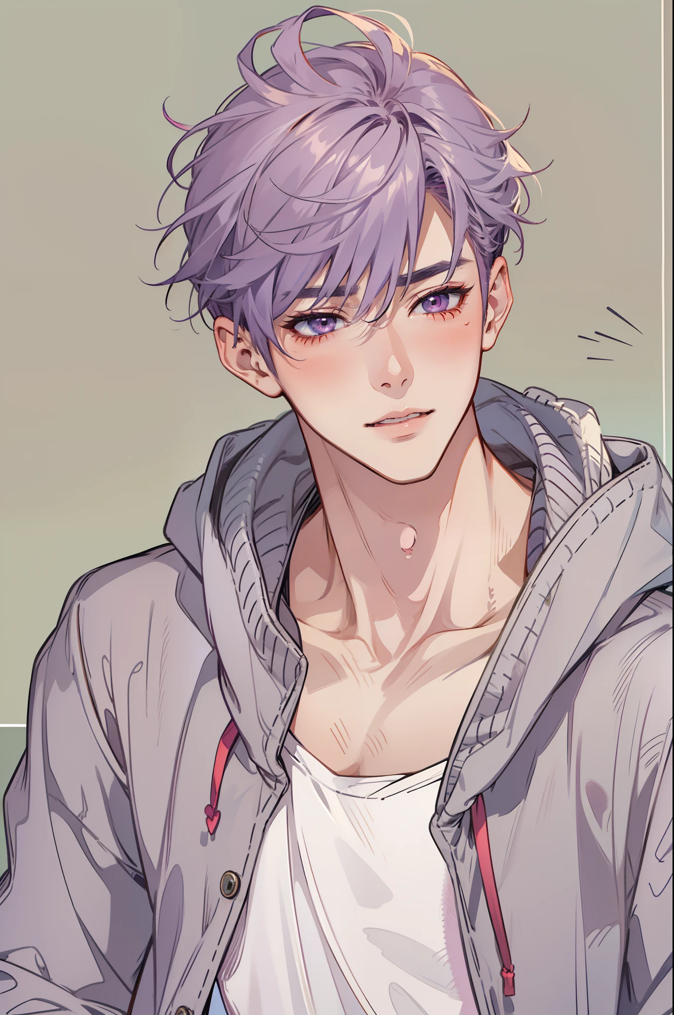 1 boy, twink, 21 years old, teen boy, universitary, handsome pale, mature, lean young man, smooth red skin, very smooth, dan-kim, teenage boy, grey hoodie, well proportioned, cute, blushing, front face, yaoi. submissive, horny face, fragile boy, purple hair, manhwa style, mingwa, BJ Alex, Jinx, Cute, Blushing, Submissive, Smooth Contour, Manhwa
